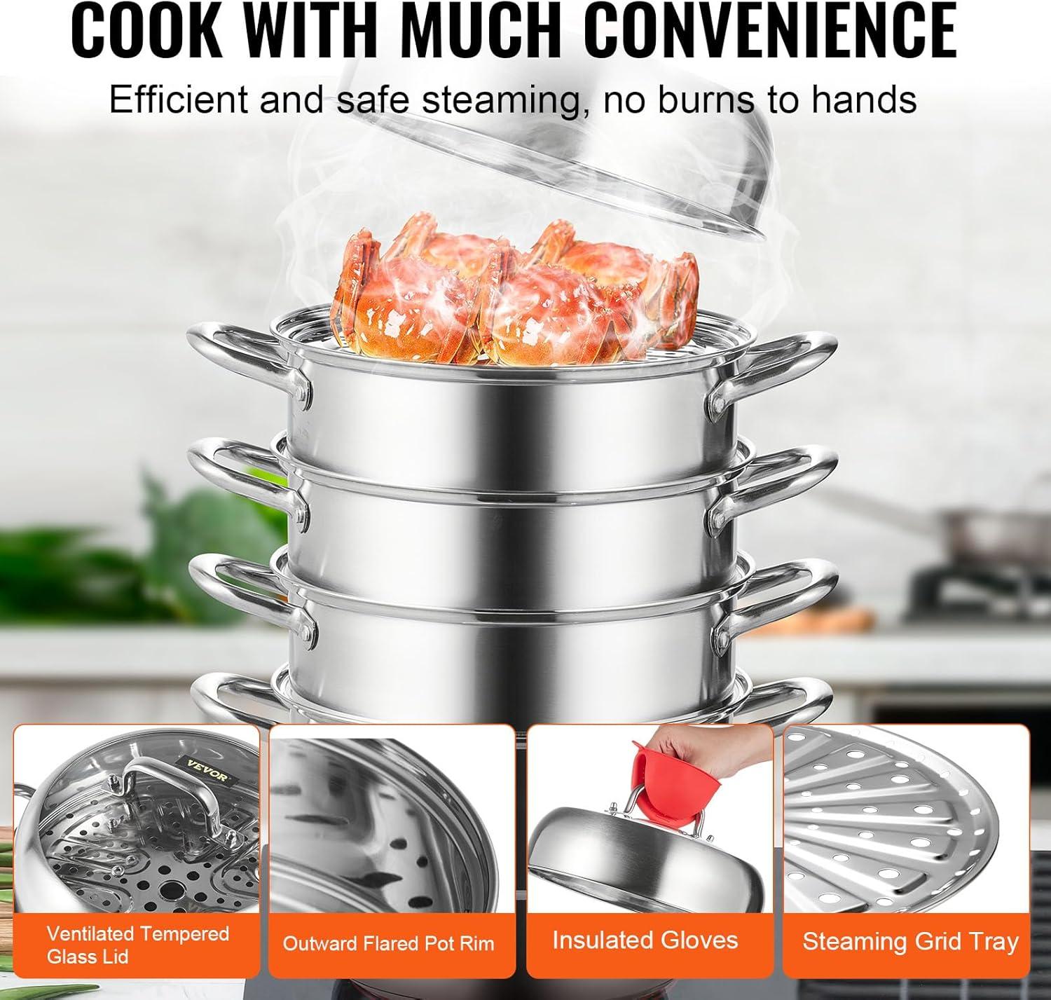 VEVOR 3-Tier Commercial Food Warmer Display, 1000W Food Display Warmer with Light, Adjustable Shelf and Temperature Display, 86℉~185℉ Steam Heating, 57L for Hamburger, Pizza, Bread, Fried Chicken
