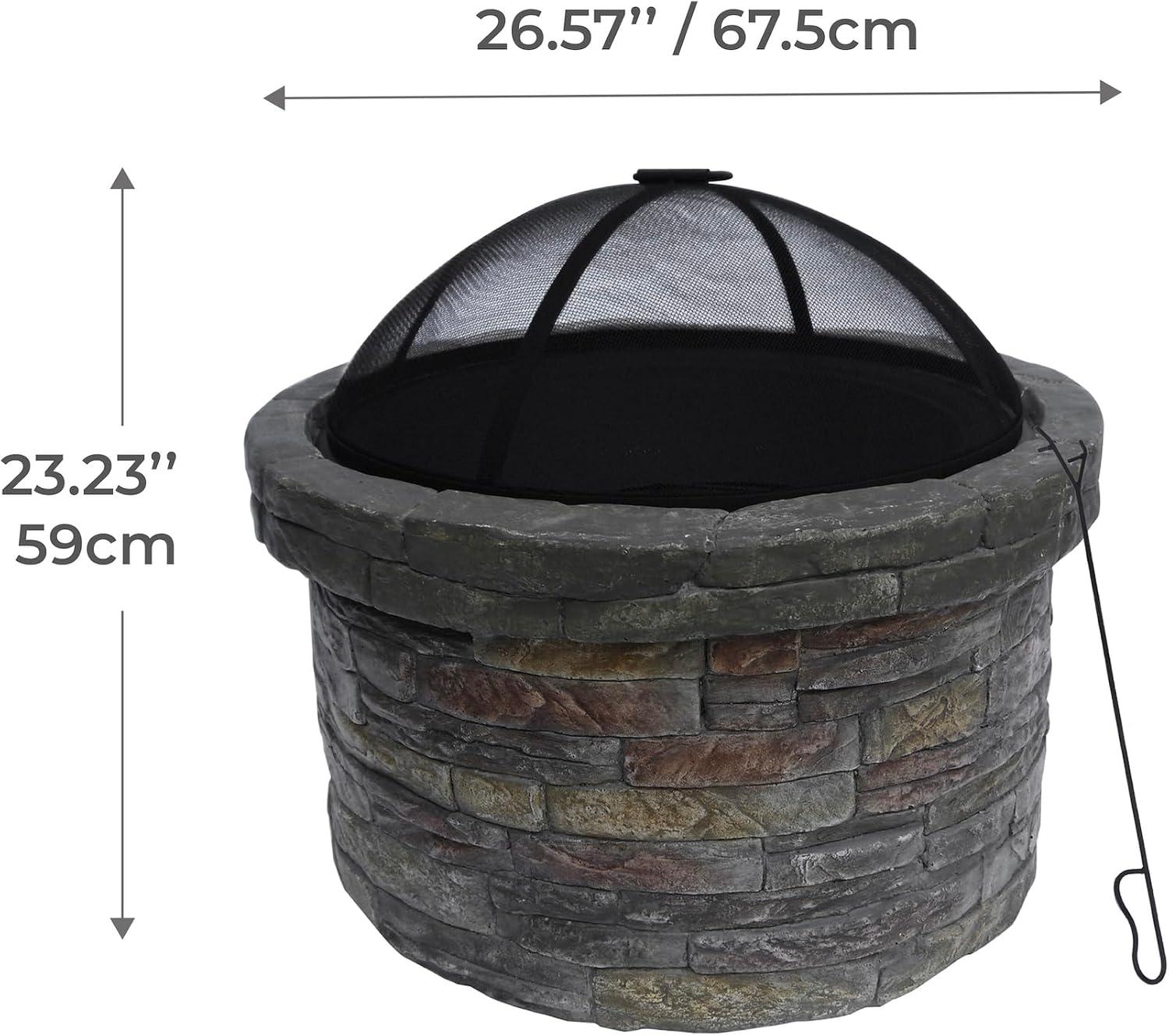 Round Faux Stone Outdoor Wood Burning Fire Pit with Steel Base