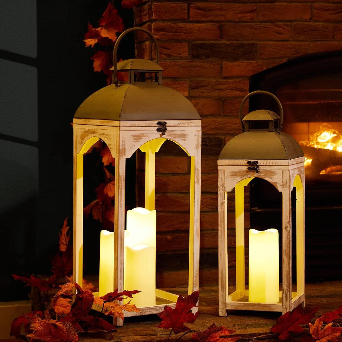 Farmhouse Wood Metal Lanterns Decorative Hanging Candle Lanterns White Set of 2 (No Glass)