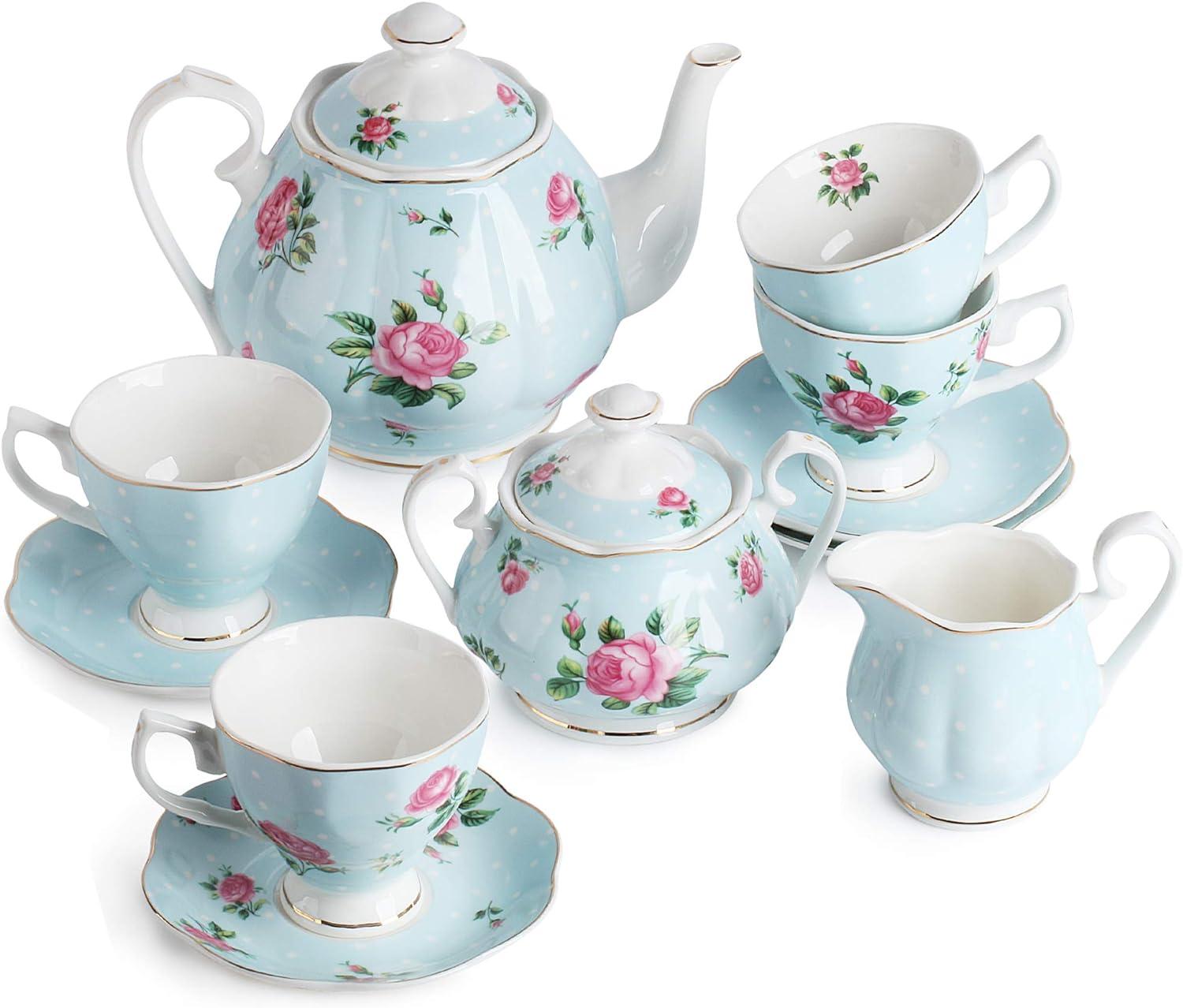 Floral Blue Porcelain Tea Set with Cups and Saucers