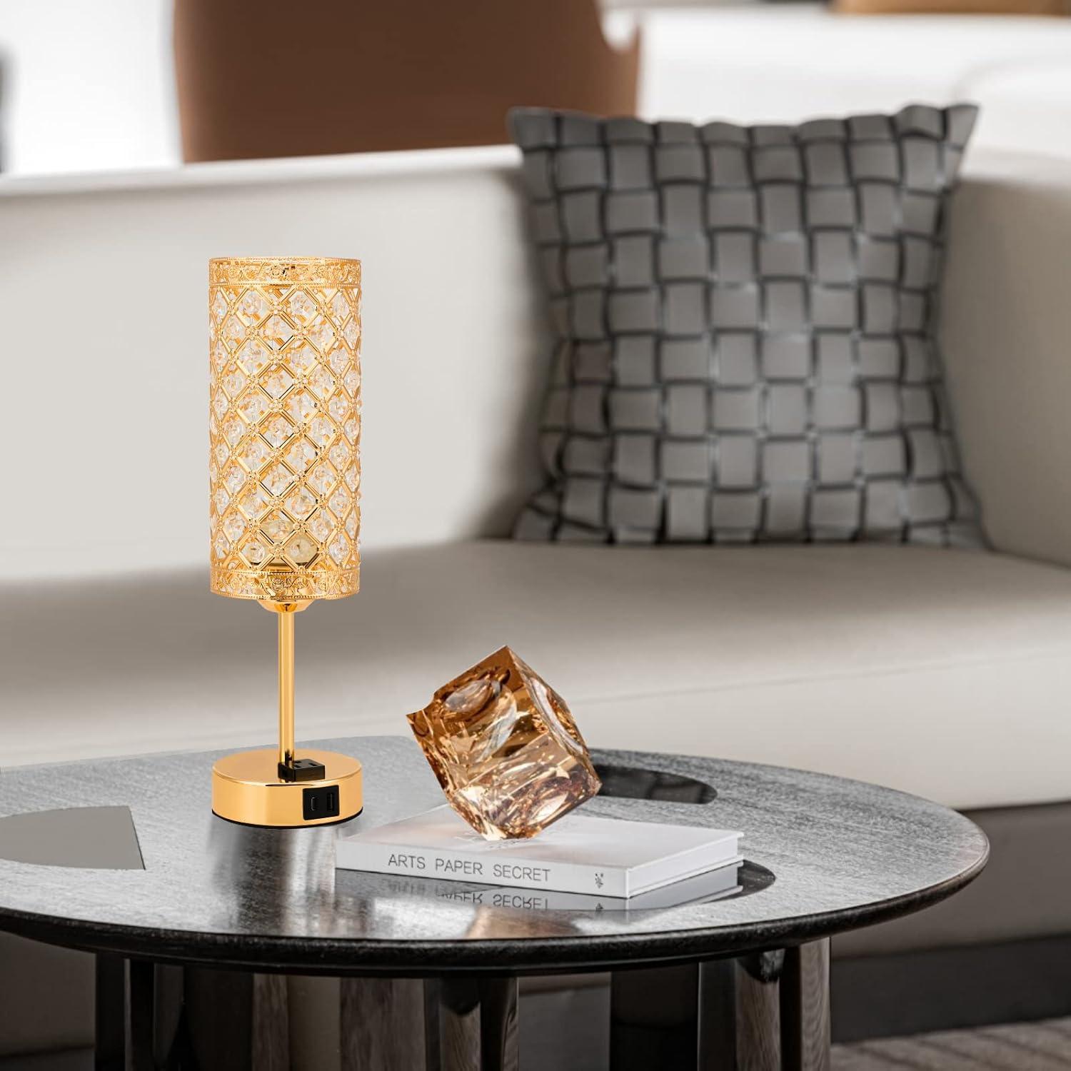 USB Crystal Table Lamp, Gold Table Lamp USB A+C Charging Ports&Multiple Outlet,3 Way Dimmable Bedside Lamp Decorative Modern Nightstand Lamp with Bulb for Living Room Bedroom Sofa Table