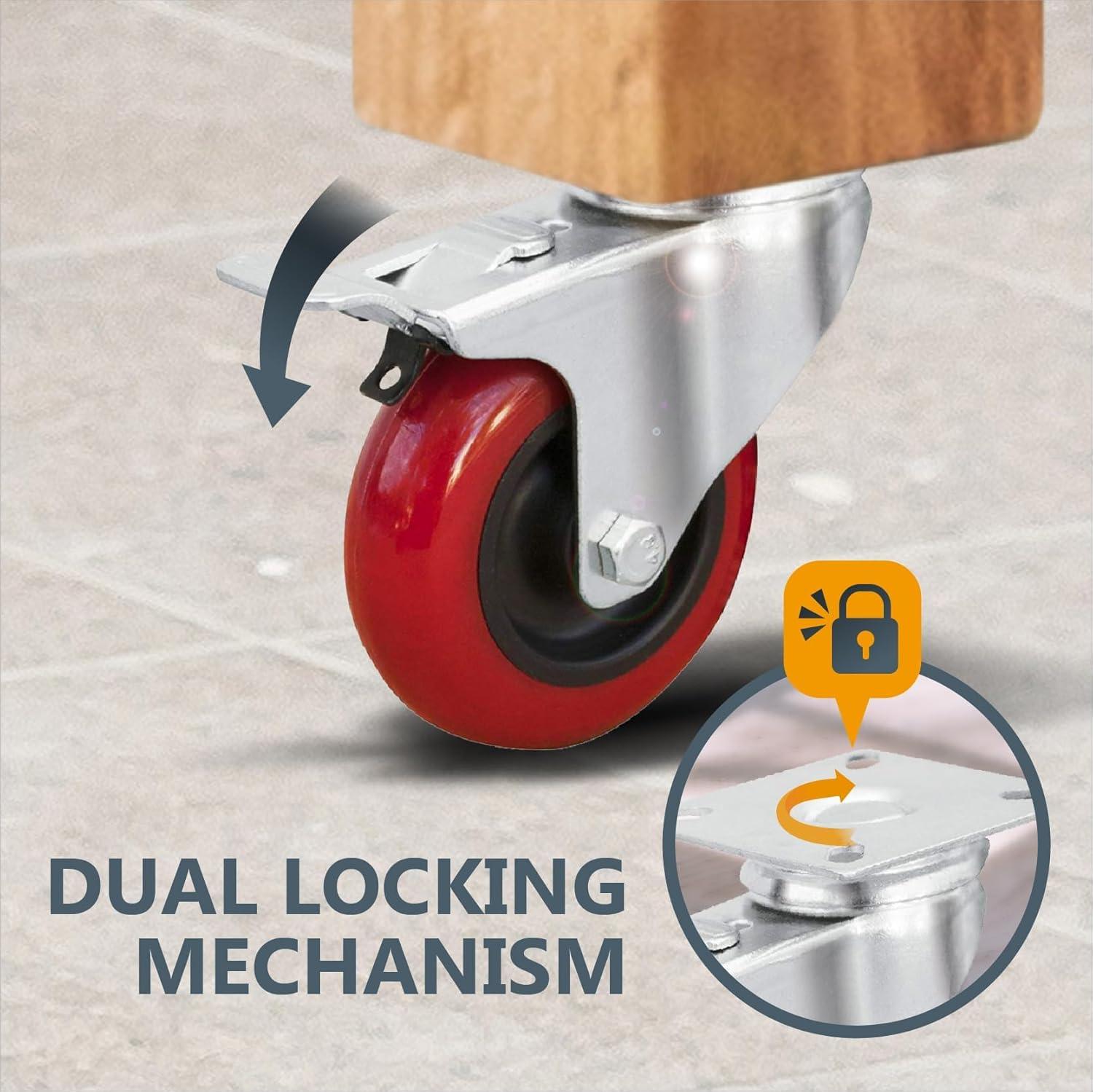 POWERTEC 4PK 3-Inch Swivel Caster Wheels with Brake & 640 lbs Loads, Heavy Duty Plate Casters, Dual Locking PU Castor Wheels for Furniture, Cart, Dolly and Workbench, 17205