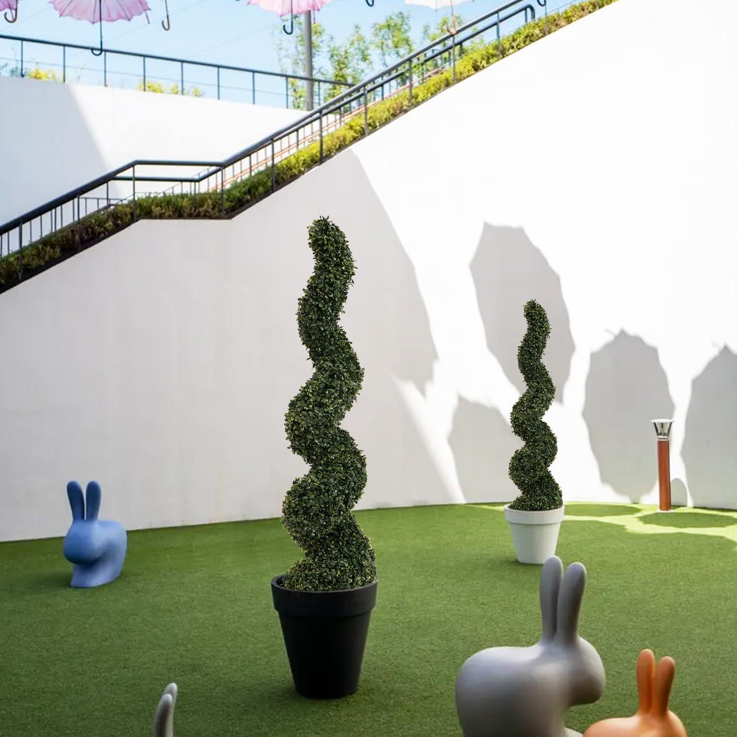 Goplus 4FT Artificial Spiral Boxwood Topiary Tree, 2 Pack Greenery Large Faux Plant in Cement-Filled Plastic Pot, Tall Fake Plant for Indoor Outdoor Home Front Porch Decor