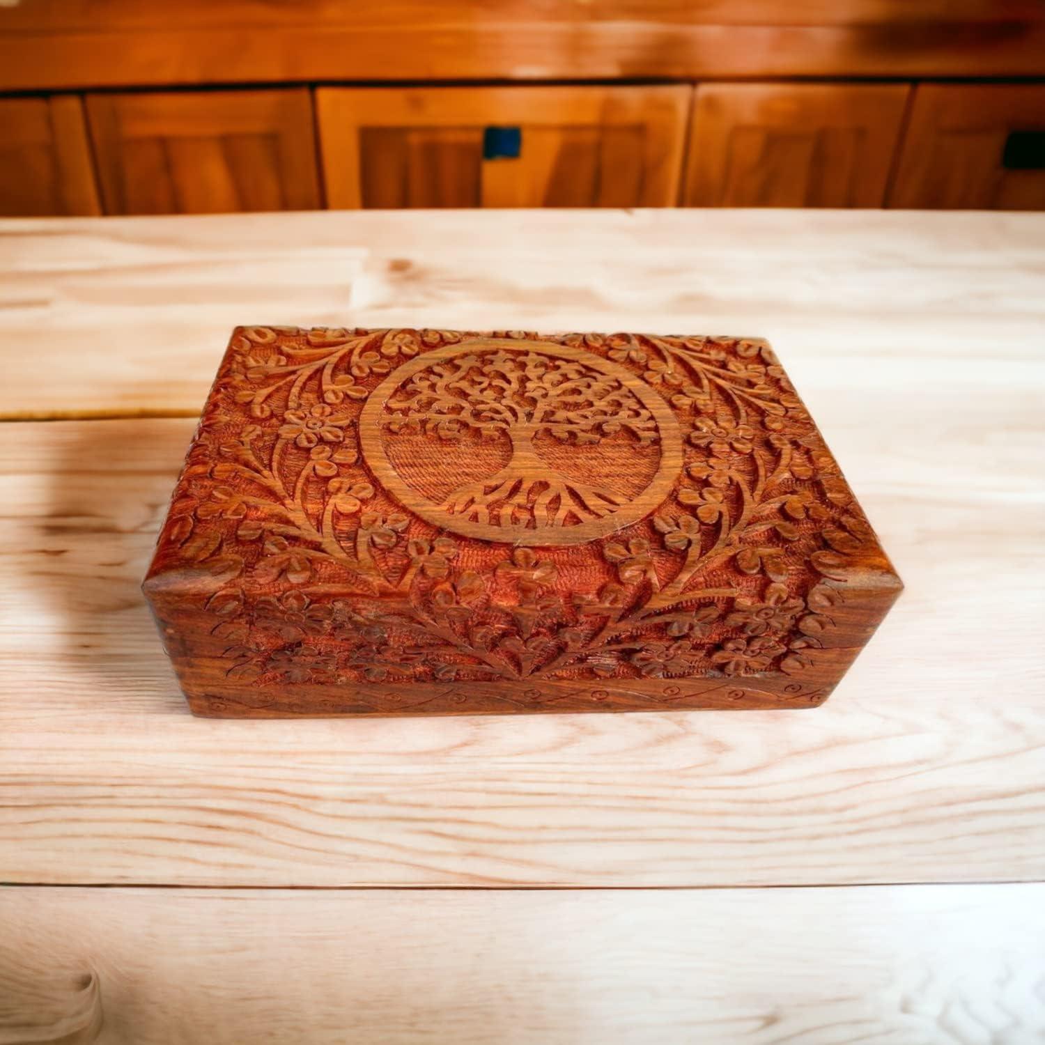 Ajuny Handcarved Wooden Decorative Treasure Chest Box Tree of Life Design - Multipurpose Use As Jewelry Storage, Watch Box, Great for Gifts - Brown, 8X5 Inch