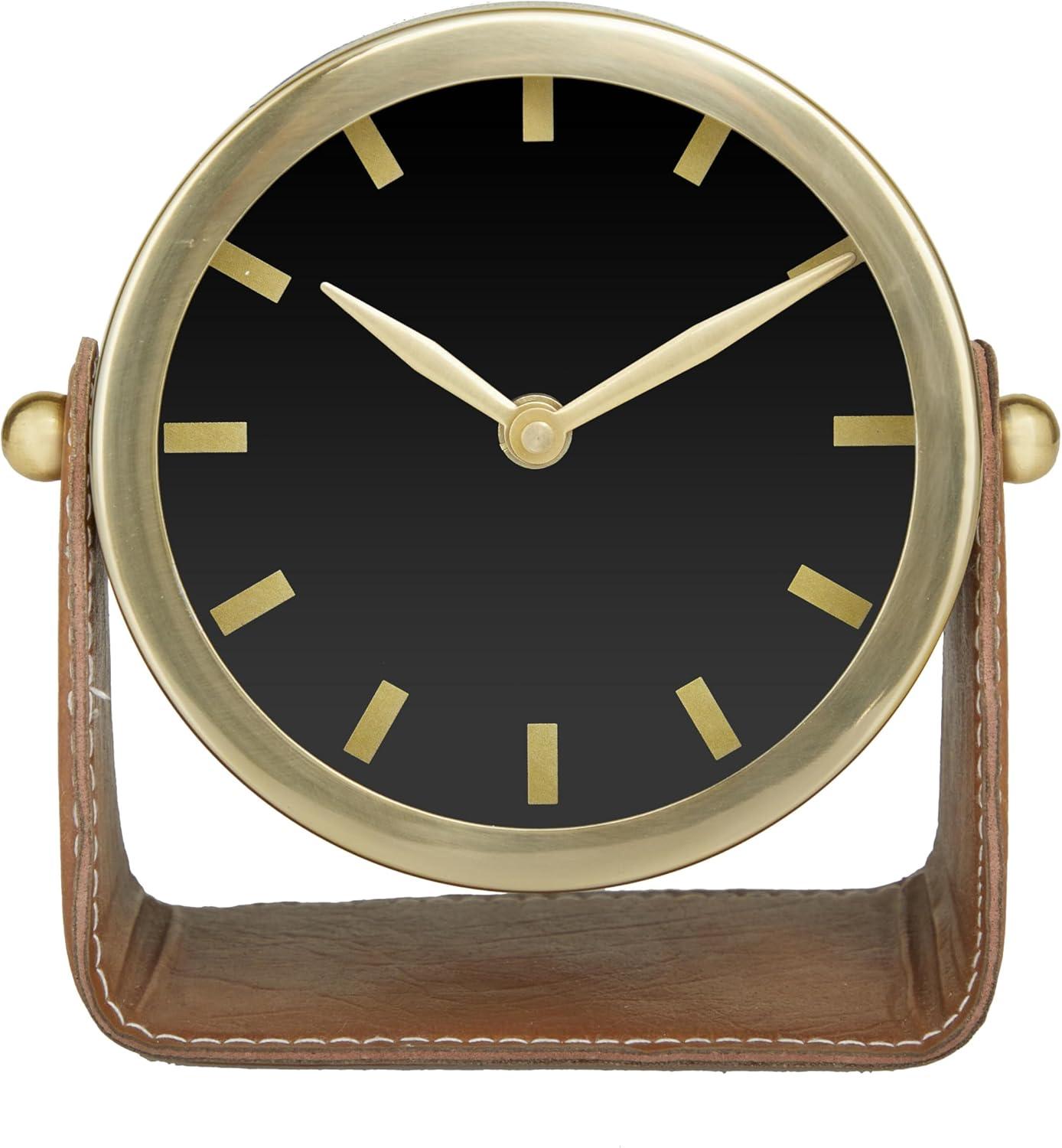 Deco 79 Stainless Steel Metal Clock with Leather Stand, 6" x 3" x 6", Gold