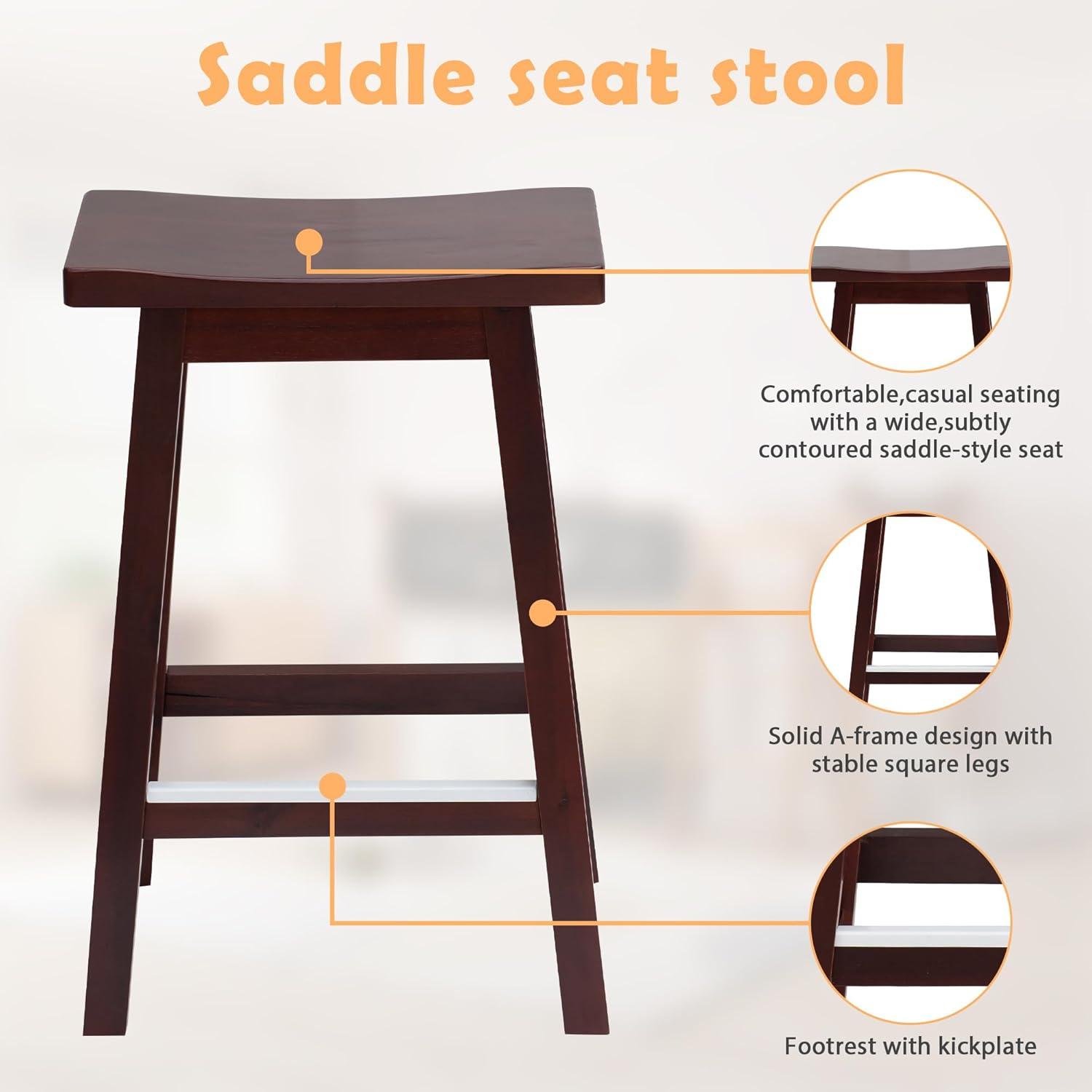 QuellQuest Bar Stools Set of 2 for Kitchen Counter Solid Wooden Saddle Stools 24-Inch/30-Inch Height (Brown, 24 in)
