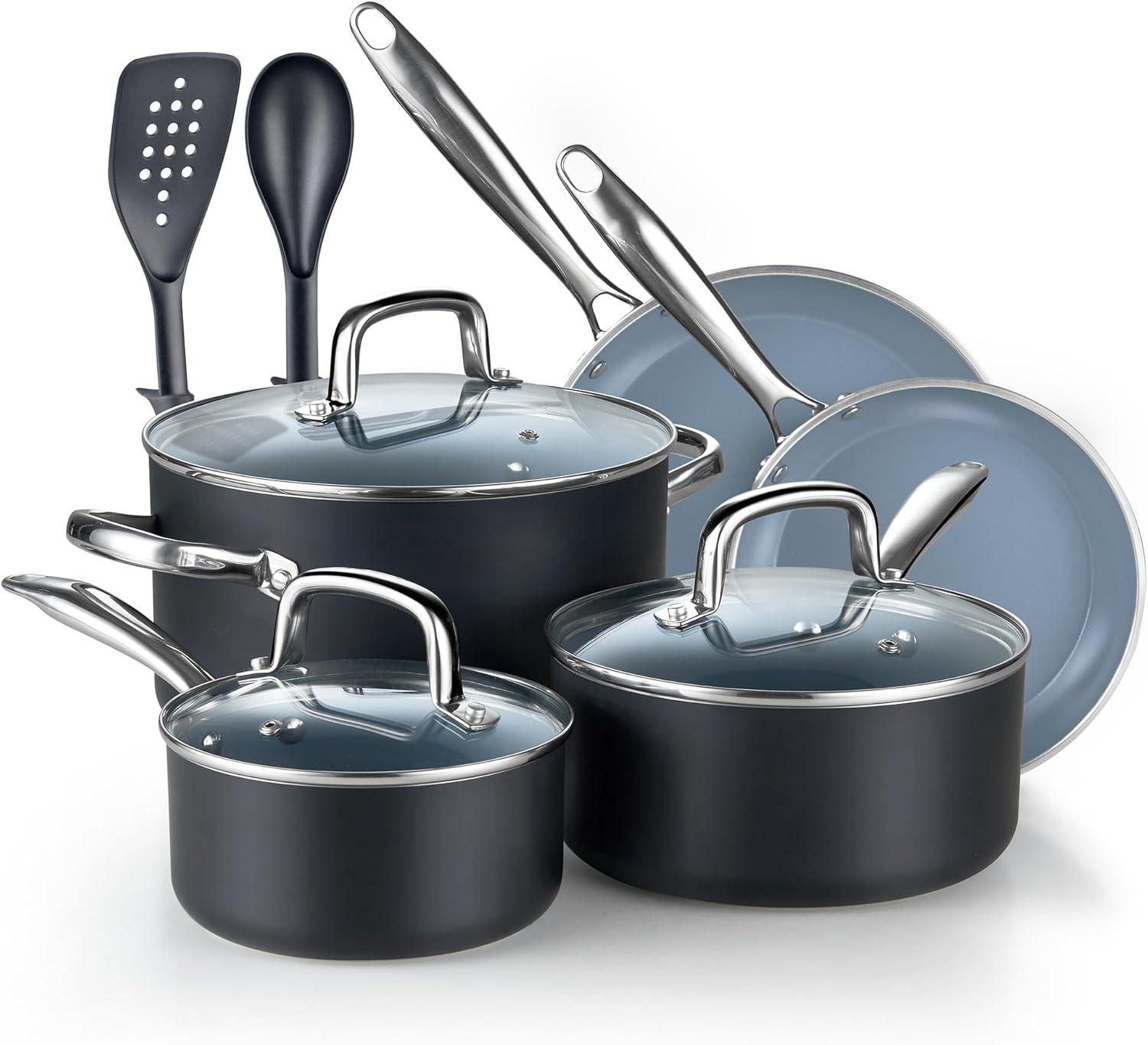 10-Piece Gray Nonstick Aluminum Cookware Set with Utensils