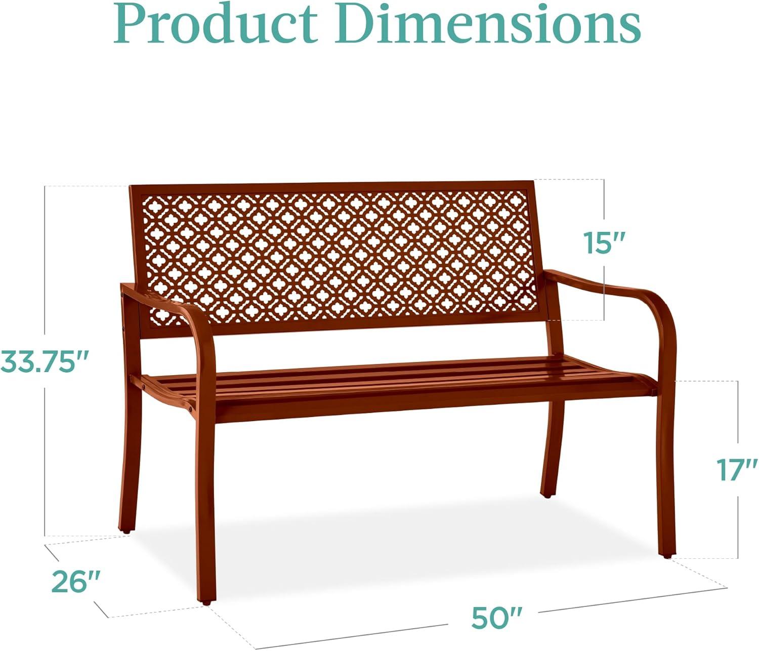 Outdoor Bench 2-Person Metal Steel Benches Furniture for Garden, Patio, Porch, Entryway w/Geometric Backrest, 790lb Capacity - Rust