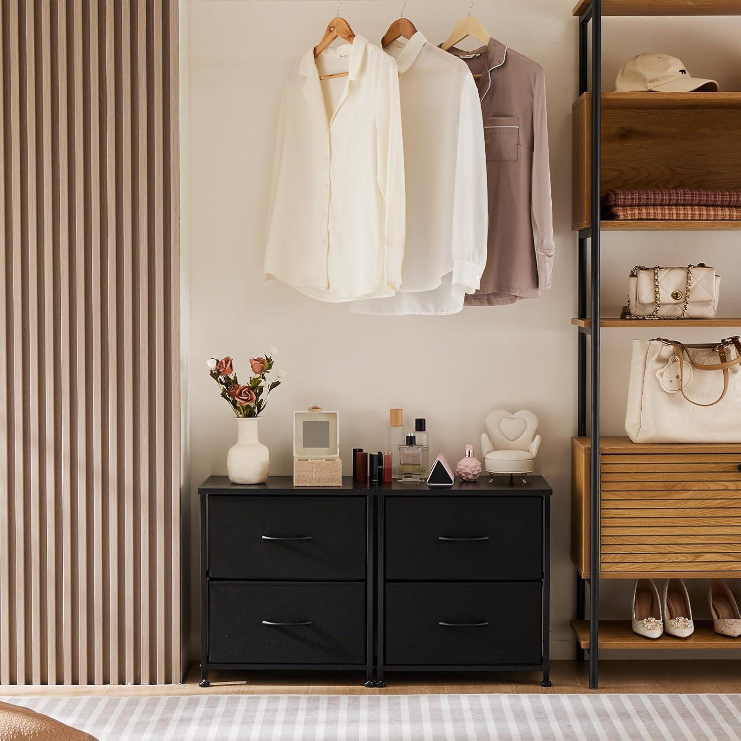 Black Fabric and Wood 2-Drawer Nightstand Set