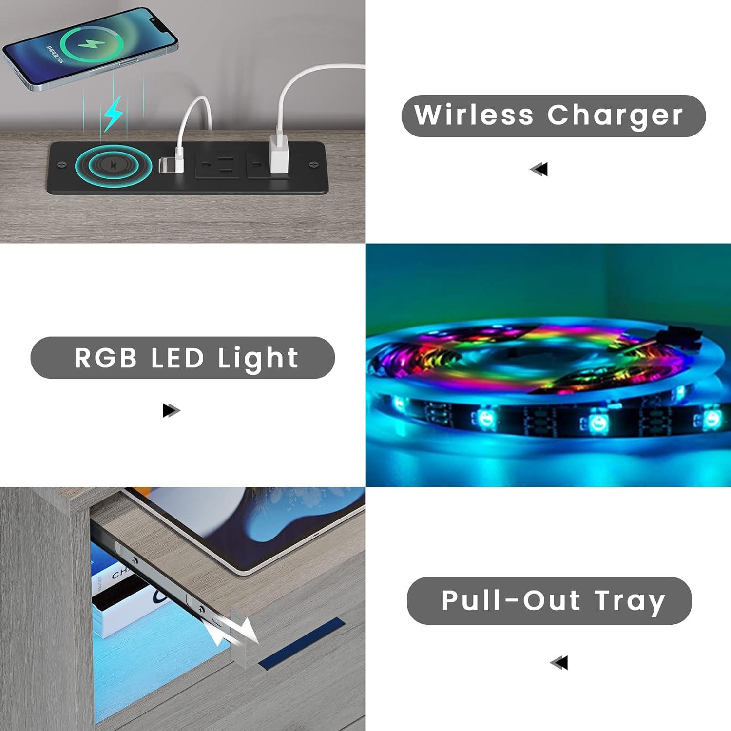 Exlonjet Black Nightstand with Wireless Charging Station and LED Lights, Bedside Table with 2 Drawers, Open Storage, 1 Pull-Out Tray, End Side Table with Charging Station, LED Night Stand with Storage