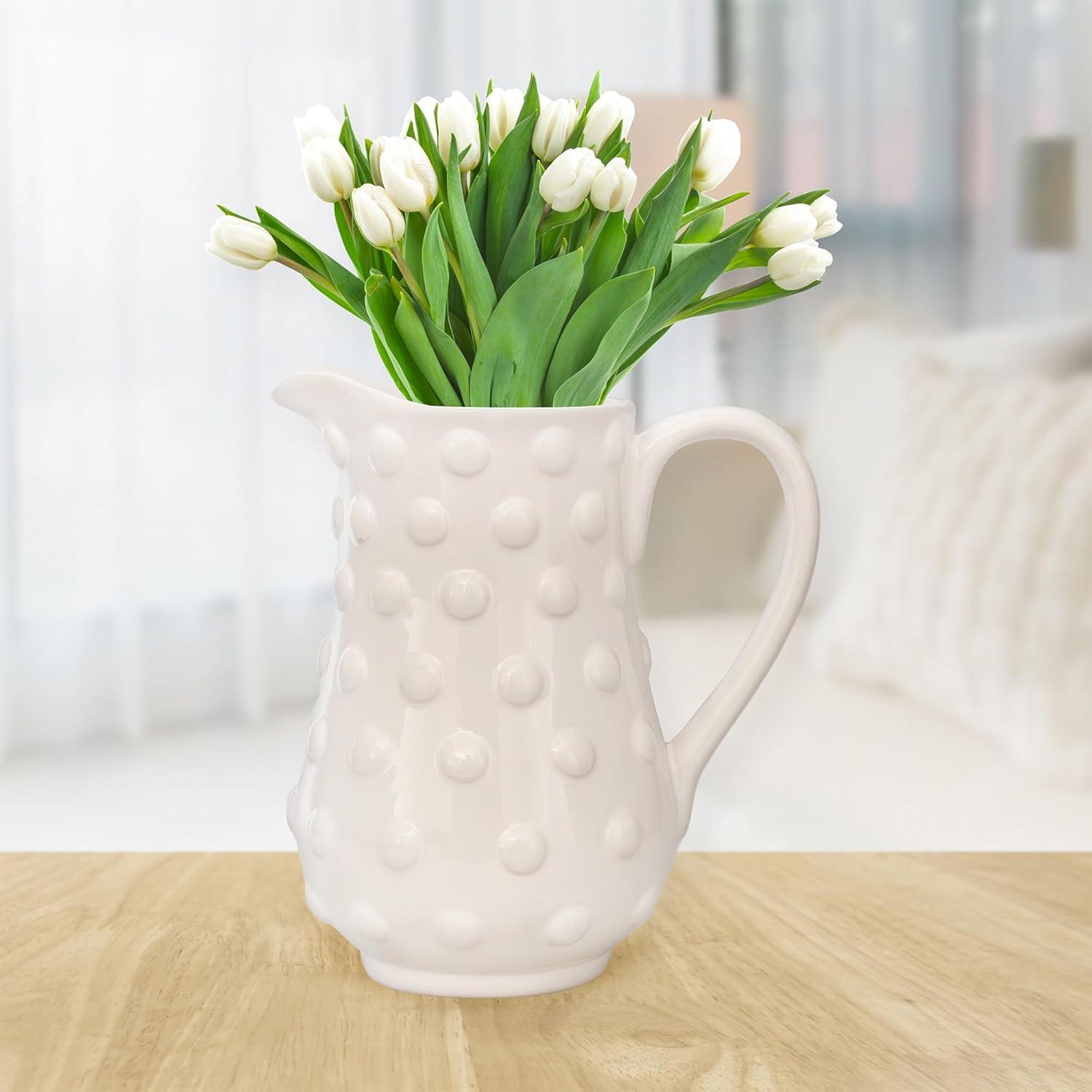 AuldHome Design White Hobnail Ceramic Pitcher, Vintage Retro Farmhouse Style