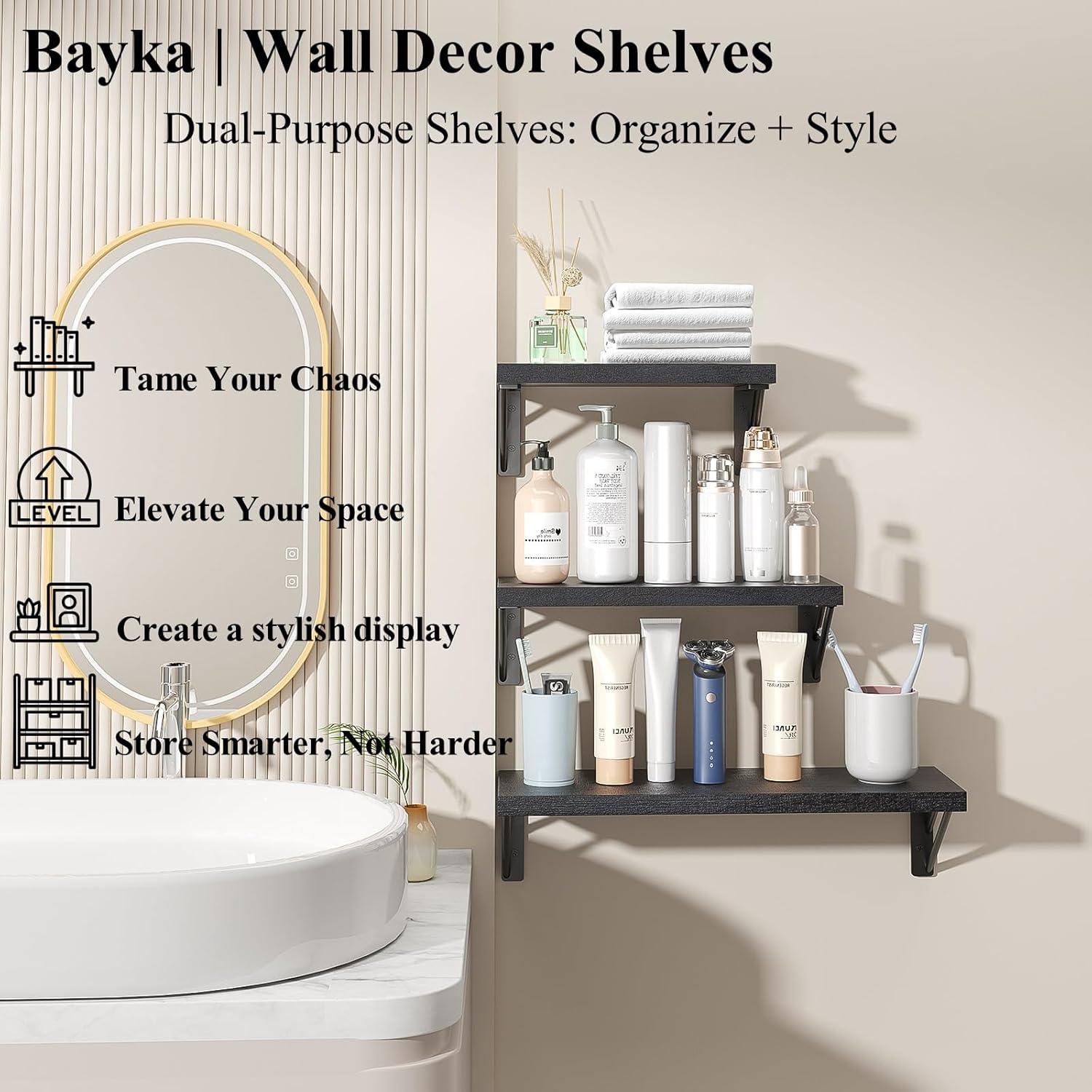 BAYKA Wall Mounted Floating Shelves, Wood Floating Wall Shelf for Books & Decor, Small Space-Saving Display & Organizer（Black，Set of 3）