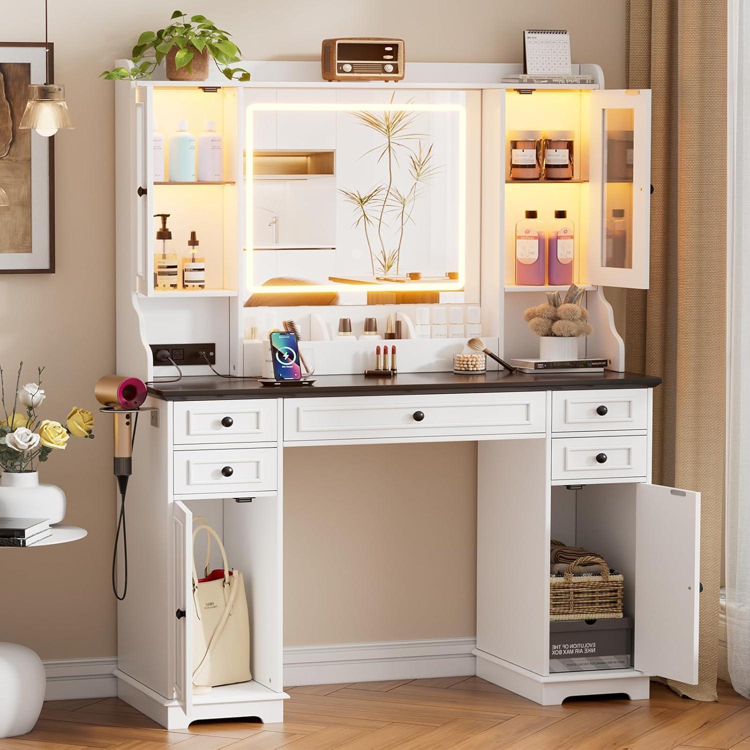 PAKASEPT Large Vanity Desk with Mirror and Lights,Makeup Vanity with 3 Lighting Modes& Charging Station, 5 Drawers, 4 Cabinets, Farmhouse Bedroom Vanity for Women, Girls
