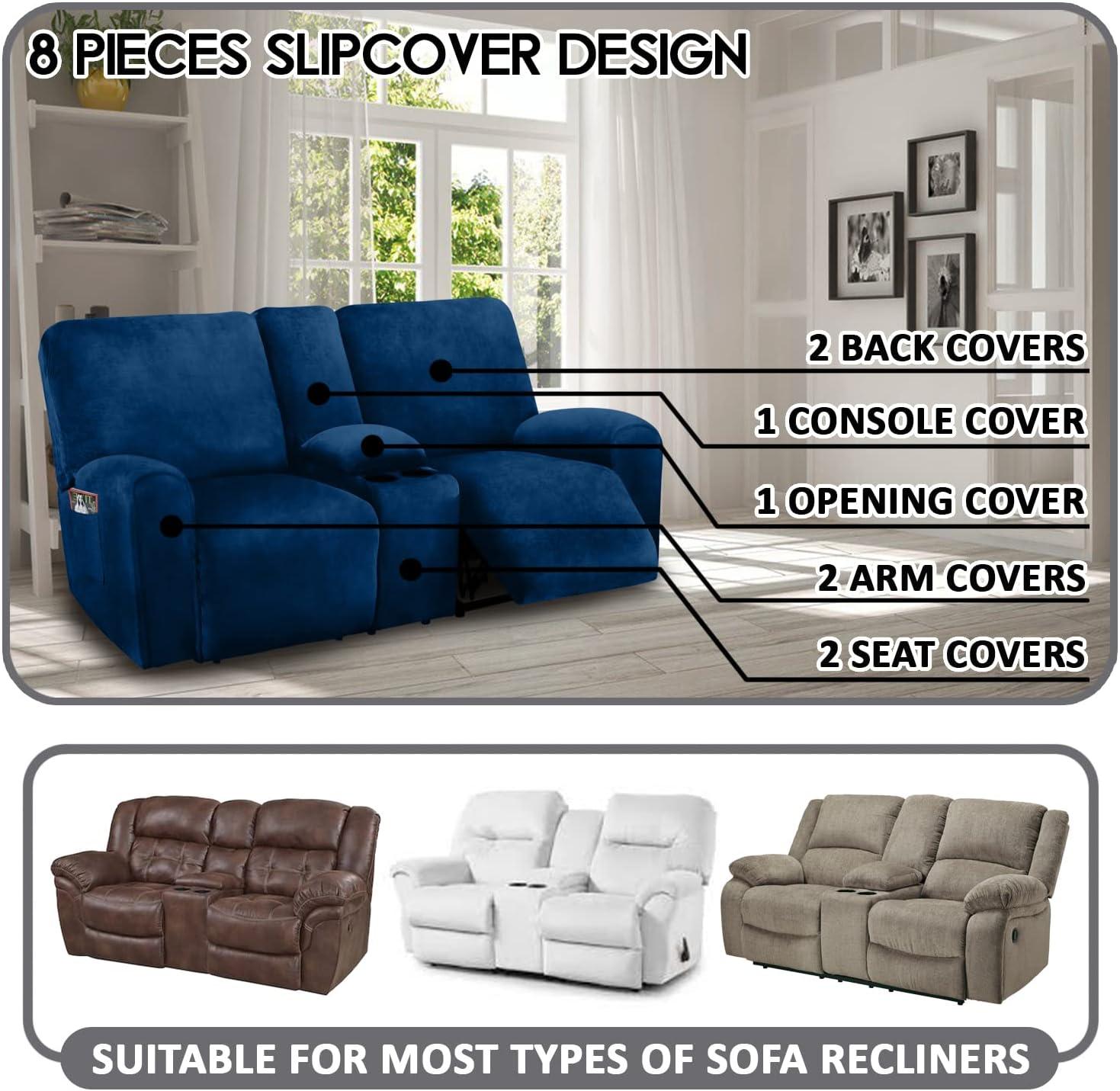 ULTICOR Reclining Love Seat with Middle Console Slipcover, 8-Piece Velvet Stretch Loveseat Reclining Sofa Covers, 2 seat Loveseat Recliner Cover, Thick, Soft, Washable, Loveseat Slipcovers (Navy)