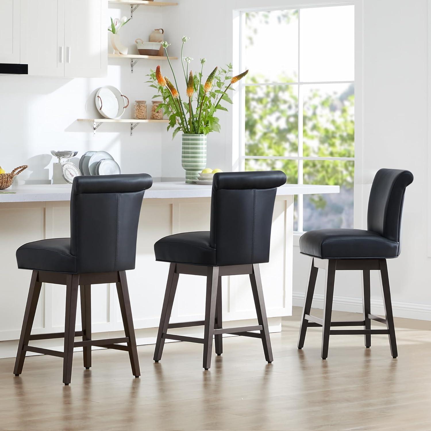 CHITA 26 in Upholstered Swivel Counter Bar Stools with Back&Wood Legs Set of 2, Faux Leather in Black