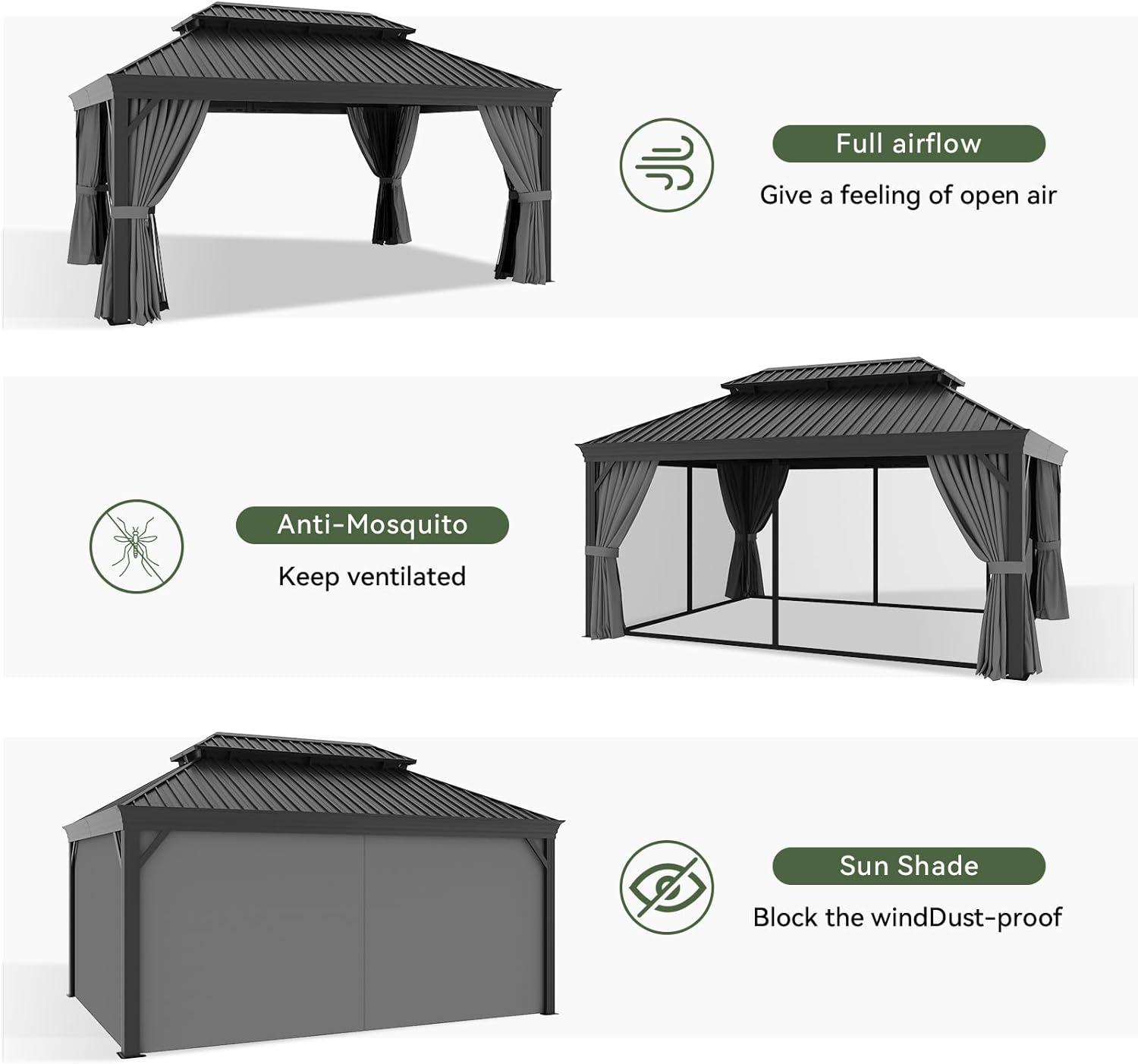 Kozyard Kozyard Alexander Gray Double Roof Hardtop Gazebo with Privacy Curtain Mosquito Netting