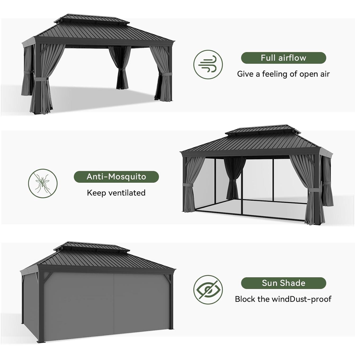 Kozyard Kozyard Alexander Gray Double Roof Hardtop Gazebo with Privacy Curtain Mosquito Netting