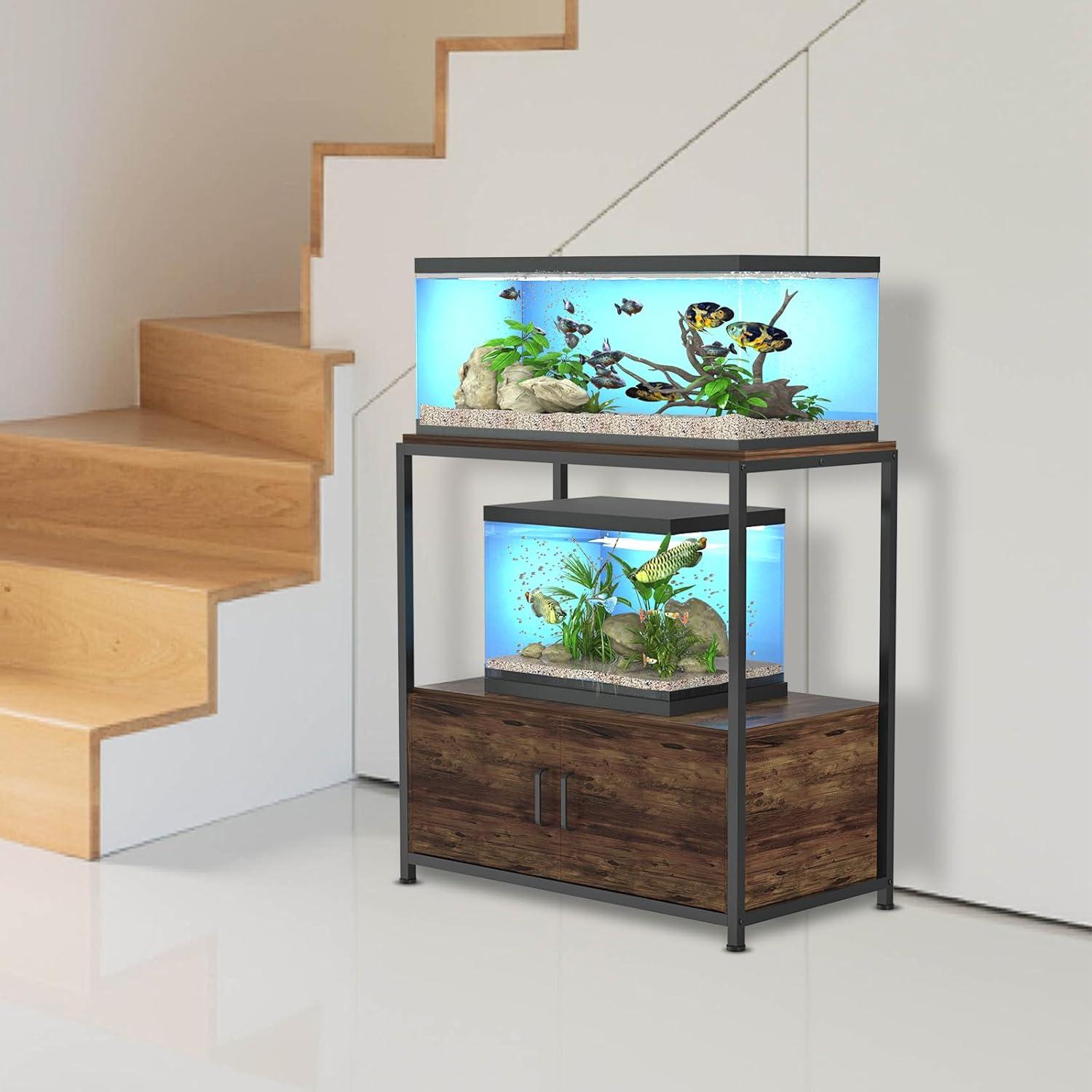 Rustic Brown Metal and Wood Fish Tank Stand with Storage Cabinet