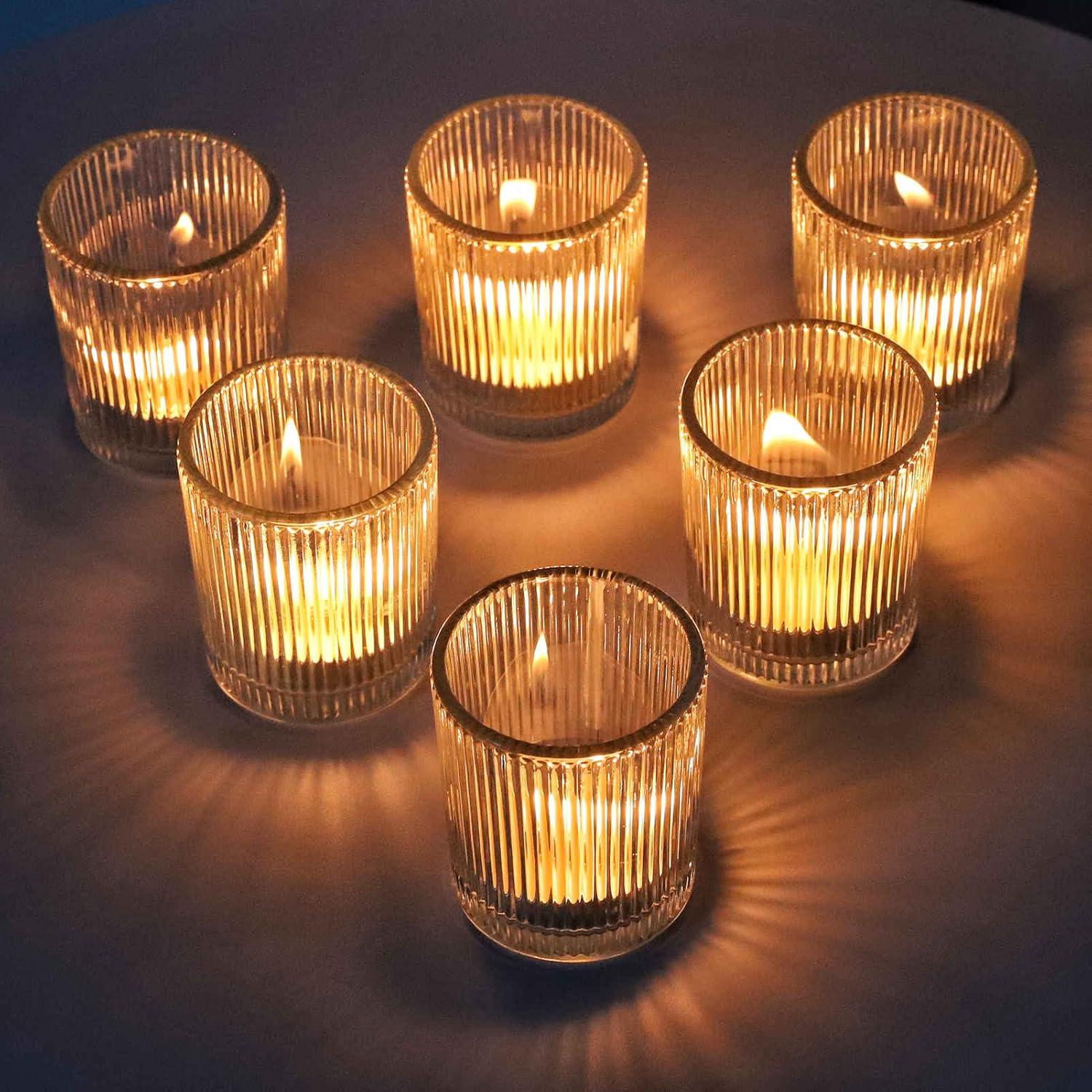 Clear Ribbed Glass Votive Candle Holders Set of 12