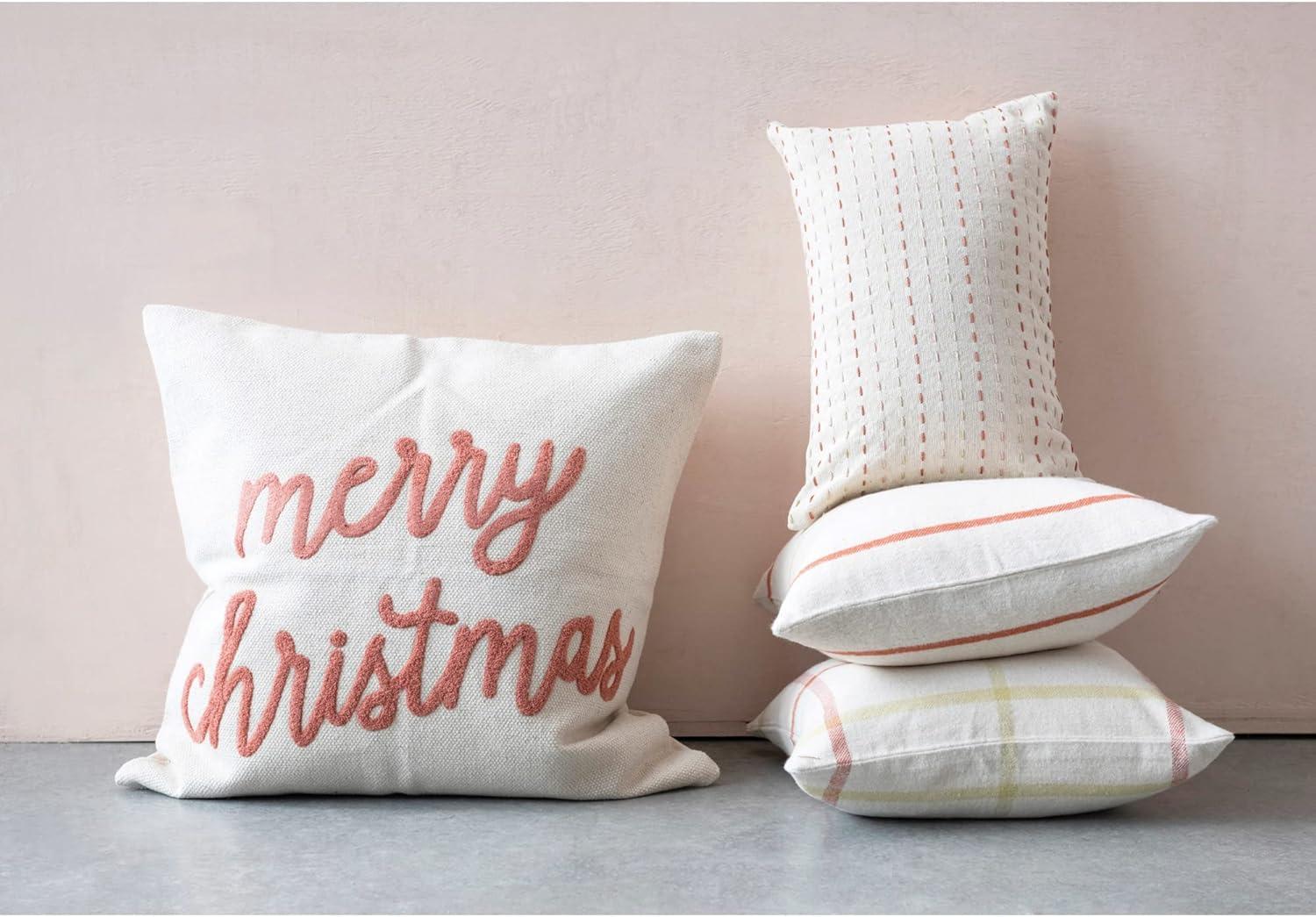 Cream and Sienna Embroidered Merry Christmas Square Cotton Pillow