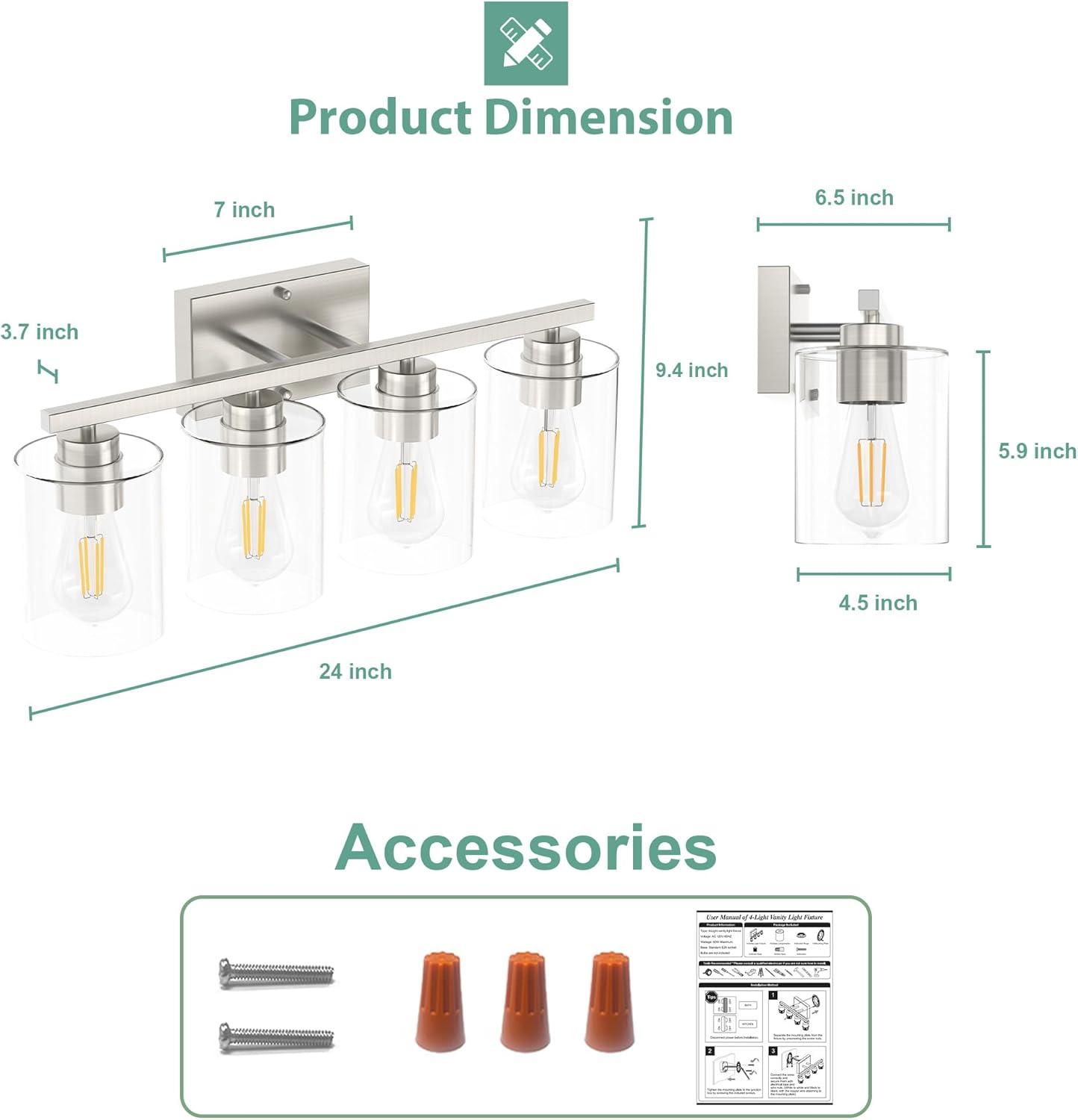 Brushed Nickel 4-Light Bathroom Vanity Fixture with Clear Glass Shades