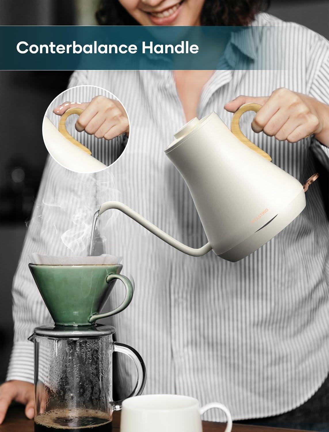 Matte White Electric Gooseneck Kettle with Light Brown Wood Handle, 0.9L