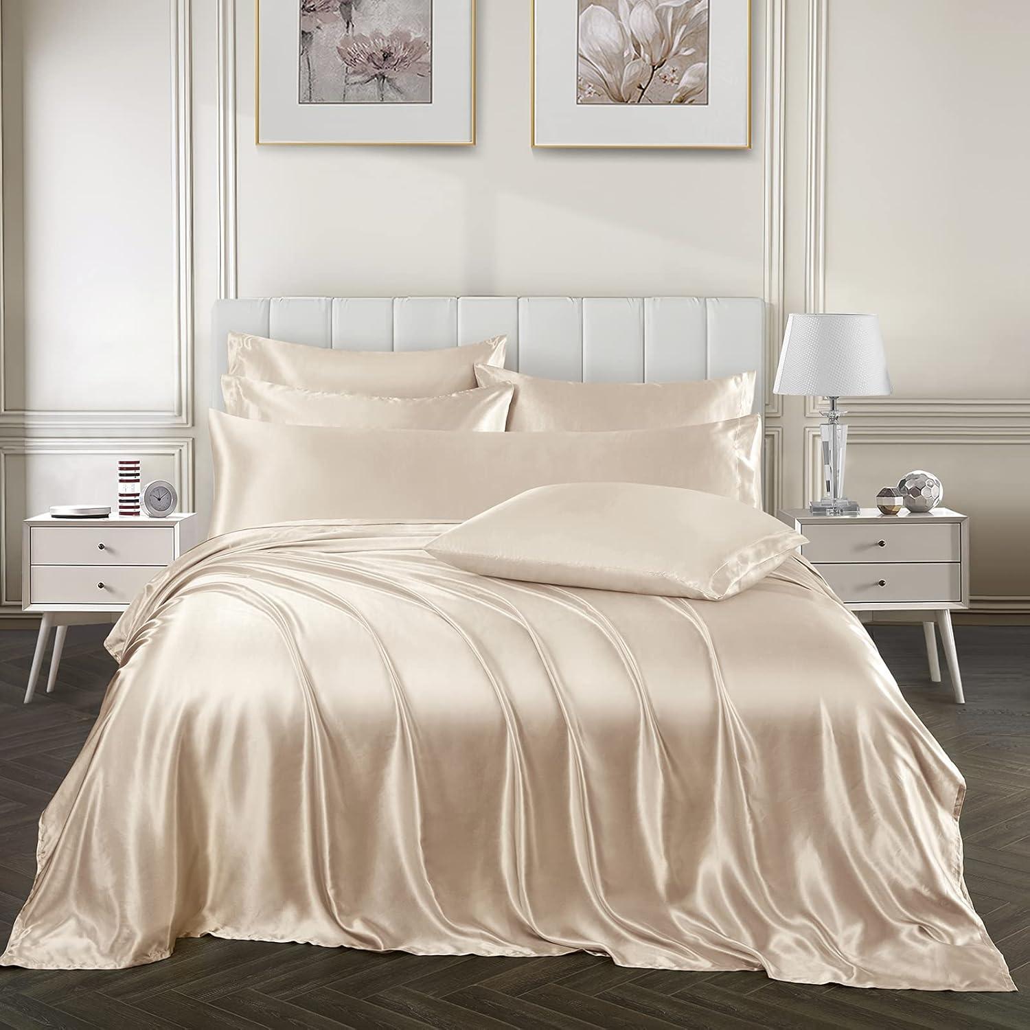 Luxury Beige Satin Queen Deep Pocket 7-Piece Sheet Set