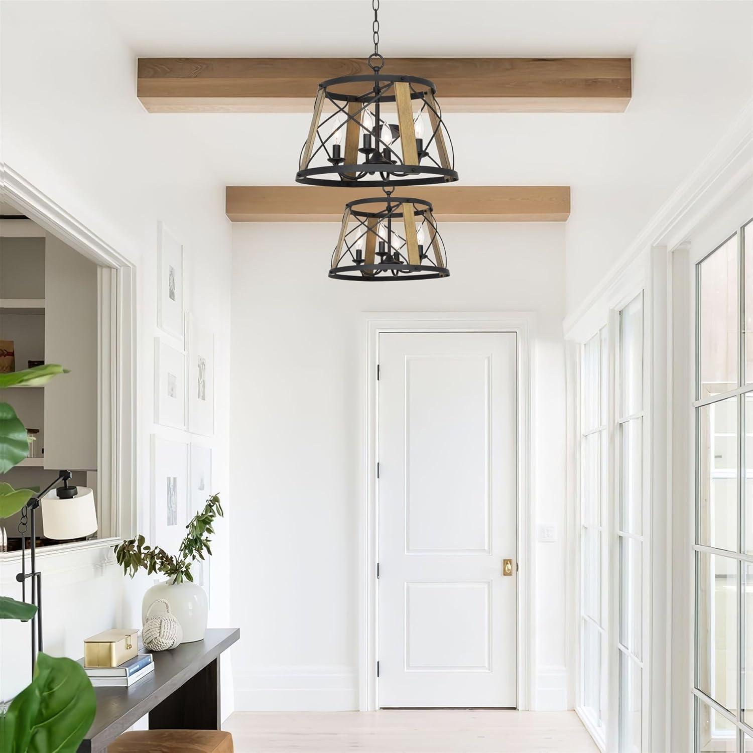 Kira Home Napa 18" Farmhouse Round Pendant Chandelier, Open Cage Design, Smoked Birch Wood, Perfect for Dining Rooms