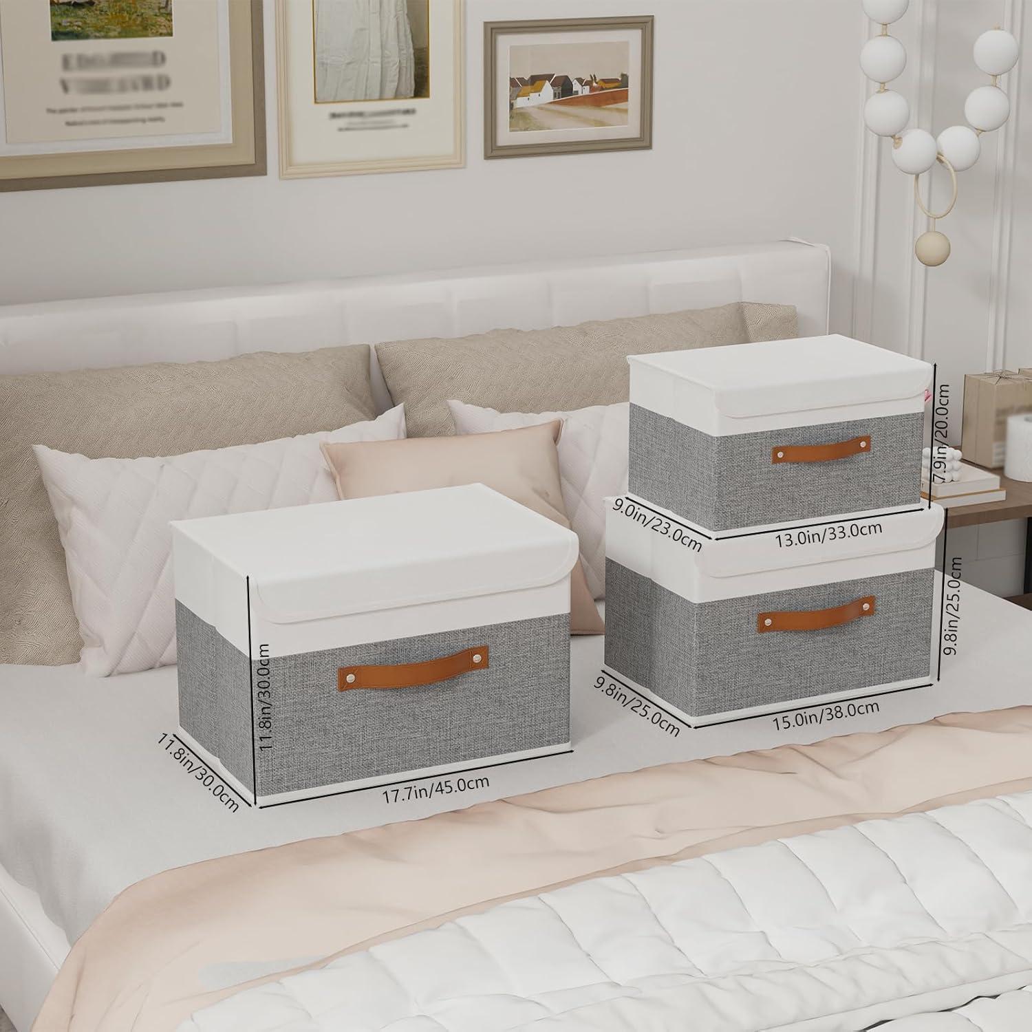 Yawinhe Storage Boxes with Lids, Linen Fabric Bin, Cube Organizer Basket, Washable and Leather Handle, for Home, Closet, White/Grey, 15.0''Lx9.8''Wx9.8''H, 1-Pack, USNK024WGL-1