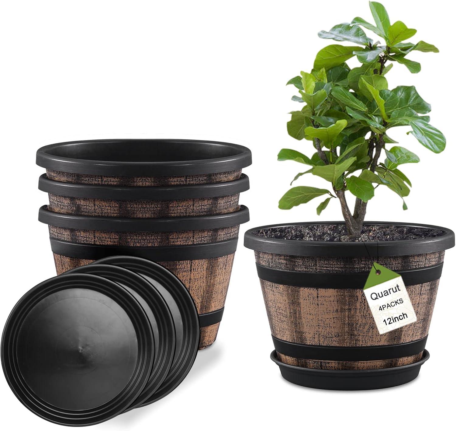 12'' Brown Plastic Whiskey Barrel Planter Set with Saucers