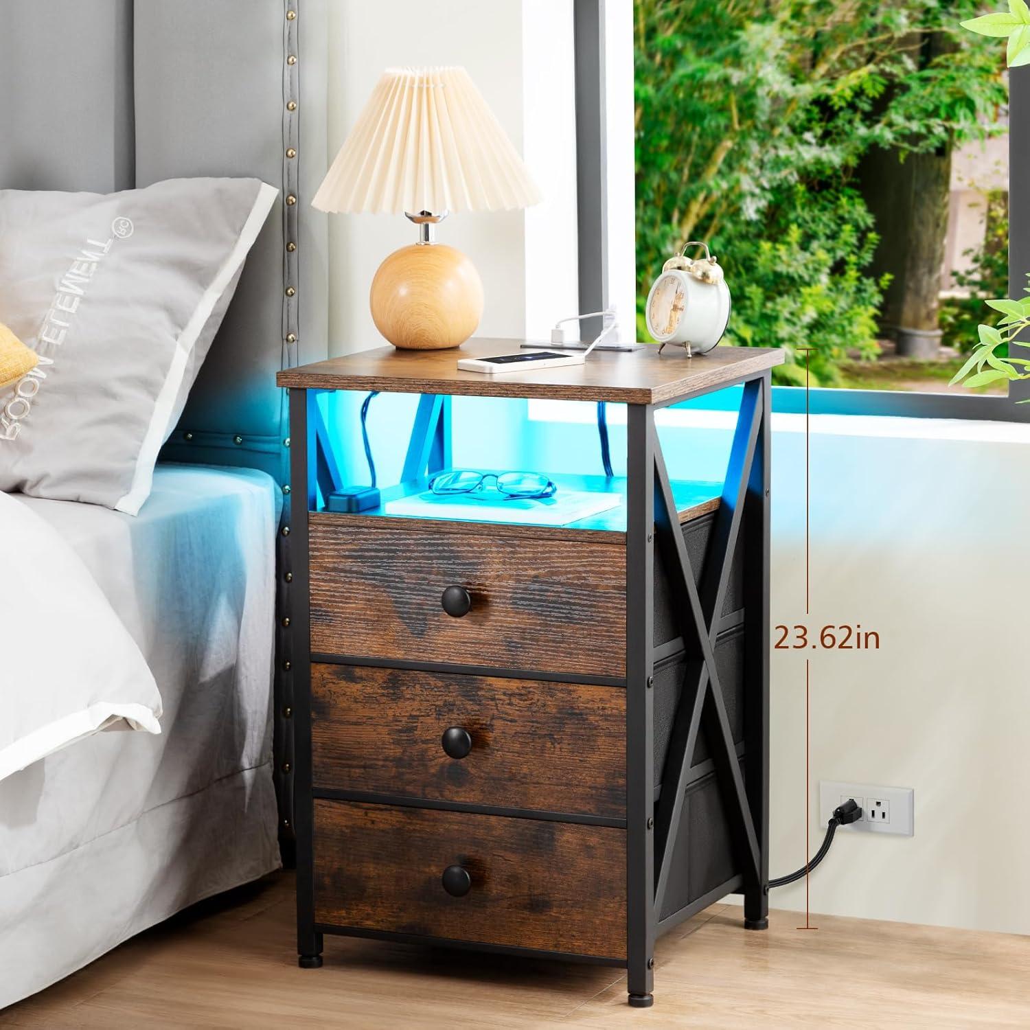 Rustic Brown LED Nightstand Set with Charging Station and Fabric Drawers