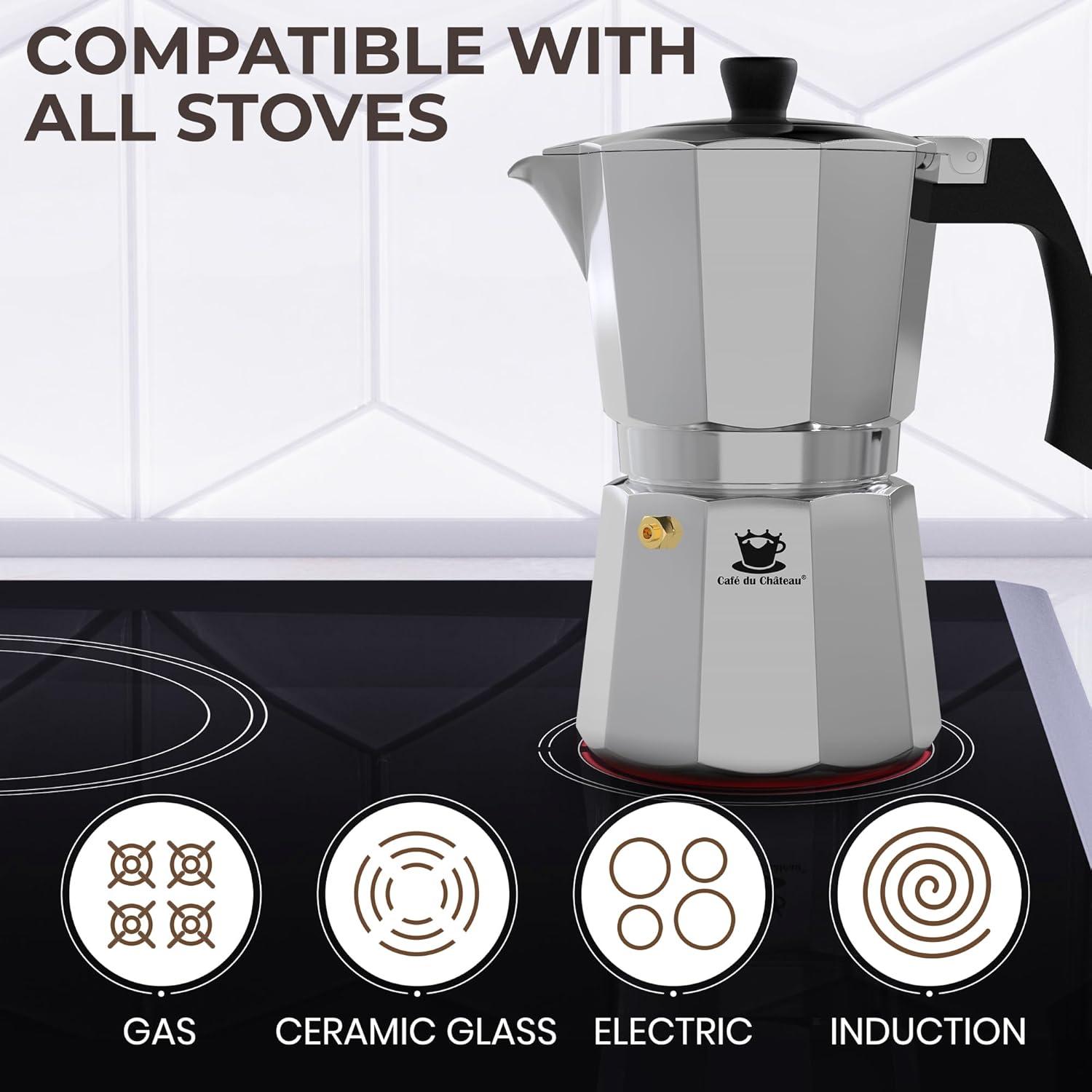 Espresso Maker by Cafe Du Chateau (313.5ml) Transparent Top Lid, High Gloss Finish, Free Coffee Clip Spoon, Coffee Percolator