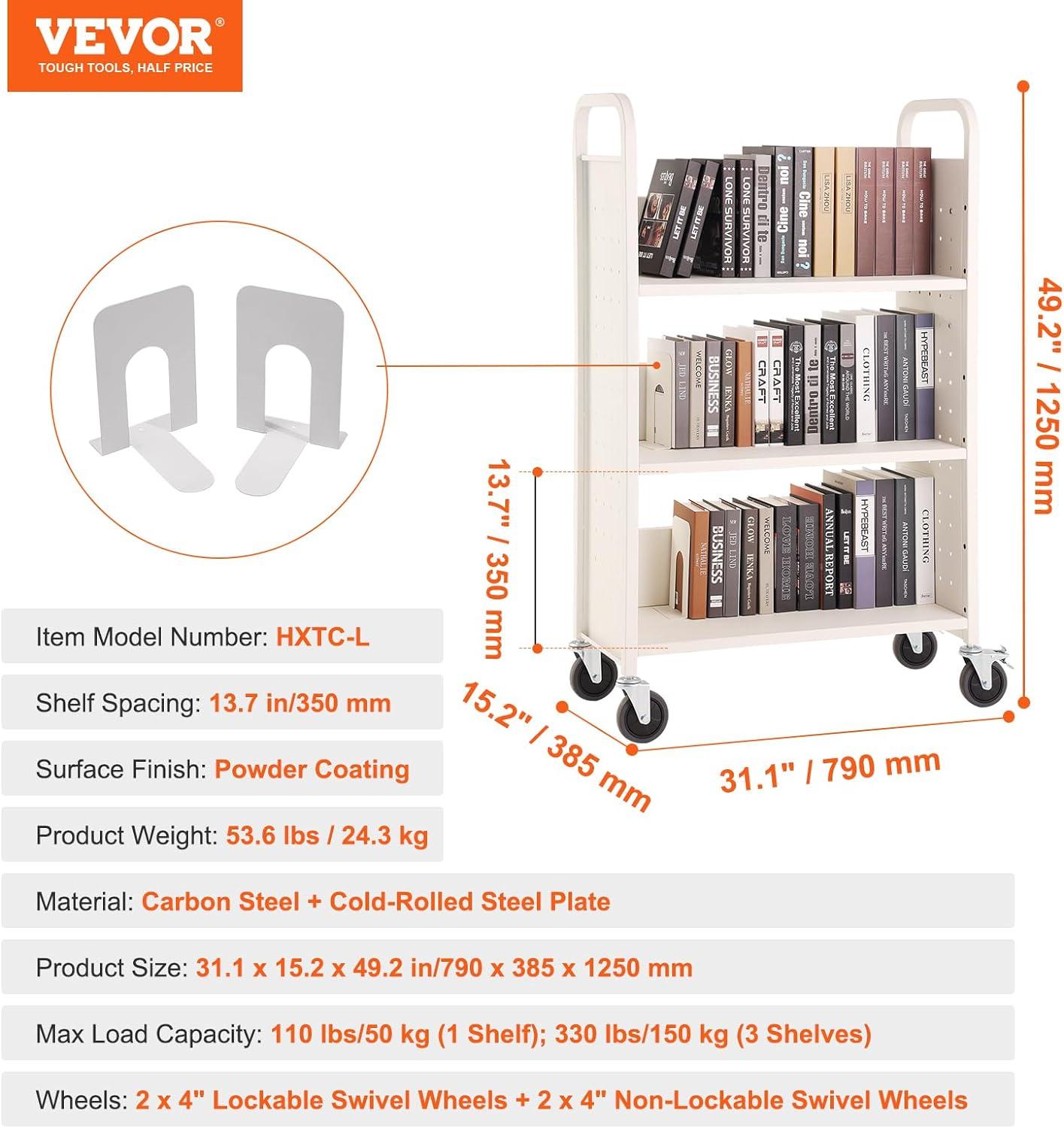 White Carbon Steel Rolling Library Book Cart with Lockable Wheels