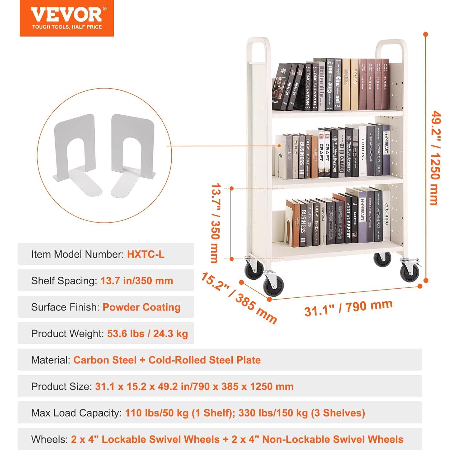 VEVOR 49.2'' H x 31.1'' W Book Cart with Wheels