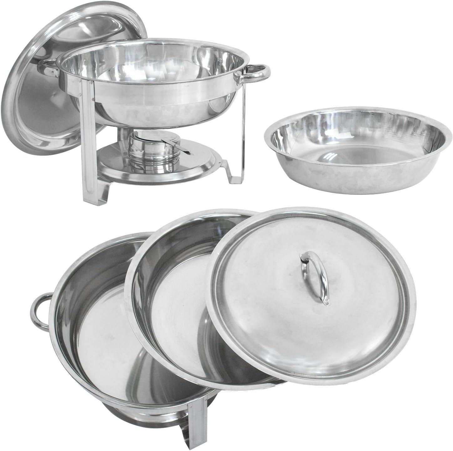 Round Stainless Steel Chafing Dish Set with Glass Lid, 5-Quart, Silver, Set of 4