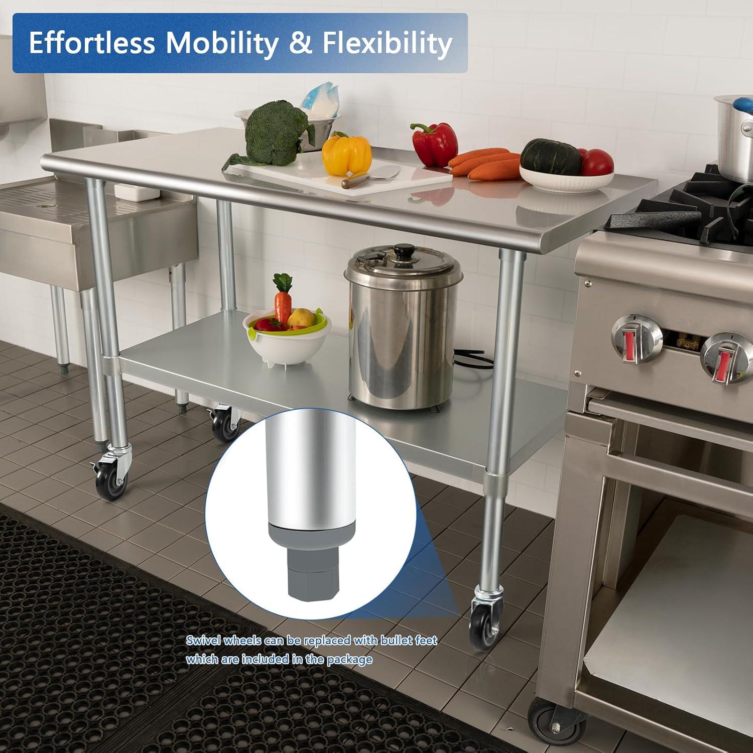 Stainless Steel Table with Wheels 24 x 60 Inches Metal Prep Table with Adjustable Undershelf for Commercial Kitchen, Outdoor, Restaurant, Hotel & Garage
