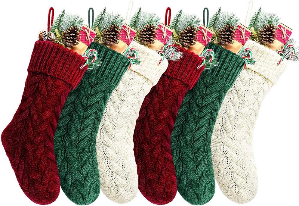 18-Inch Burgundy, Green, Ivory Knitted Christmas Stockings, 6-Pack