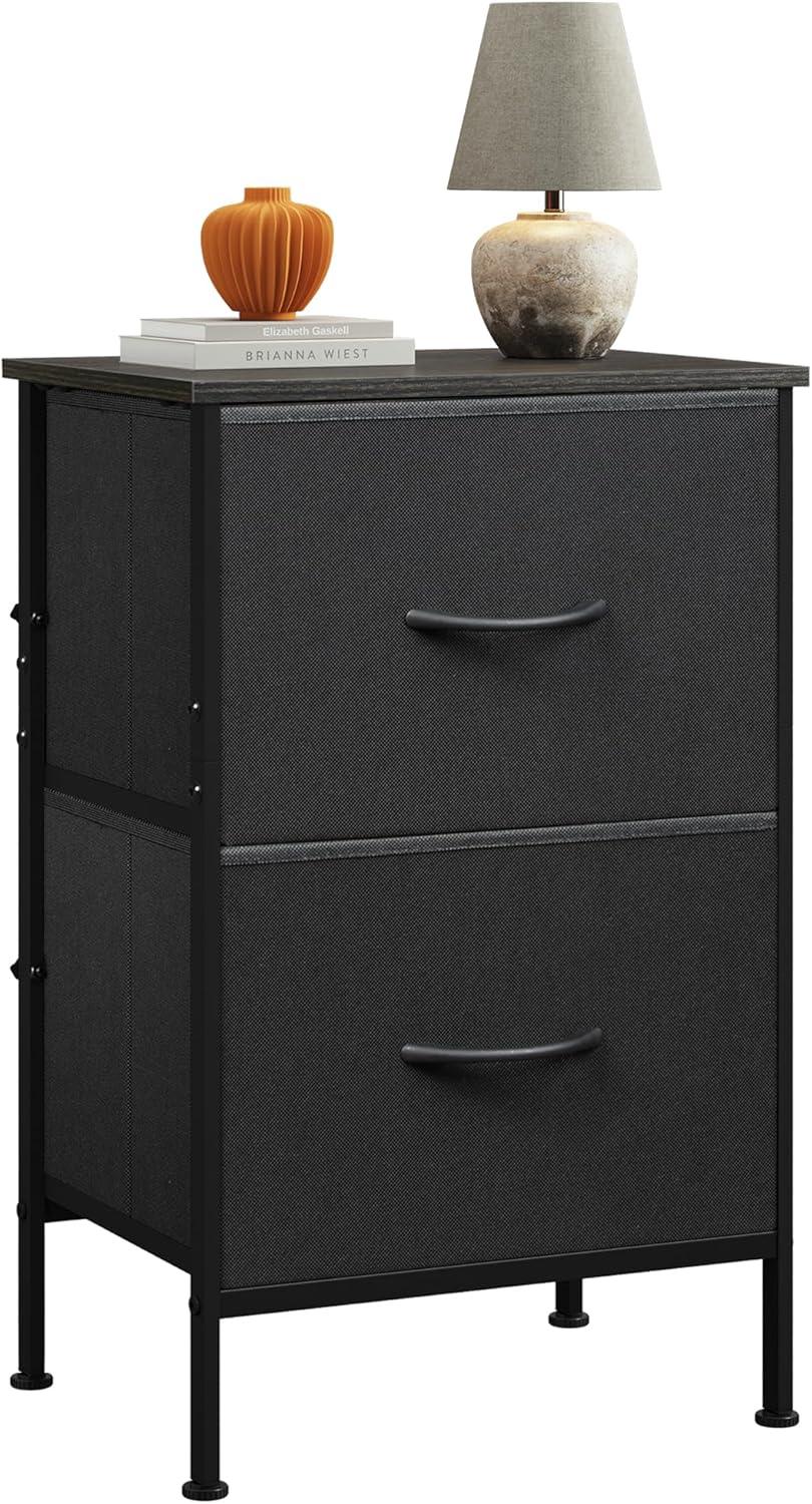 WLIVE Black Nightstand, Small Dresser for Bedroom with 2 Fabric Drawer, Bed Side Table with Drawers, End Table Bedside Furniture, Sturdy Steel Frame, Wood Top, Closet Organizer, College Dorm