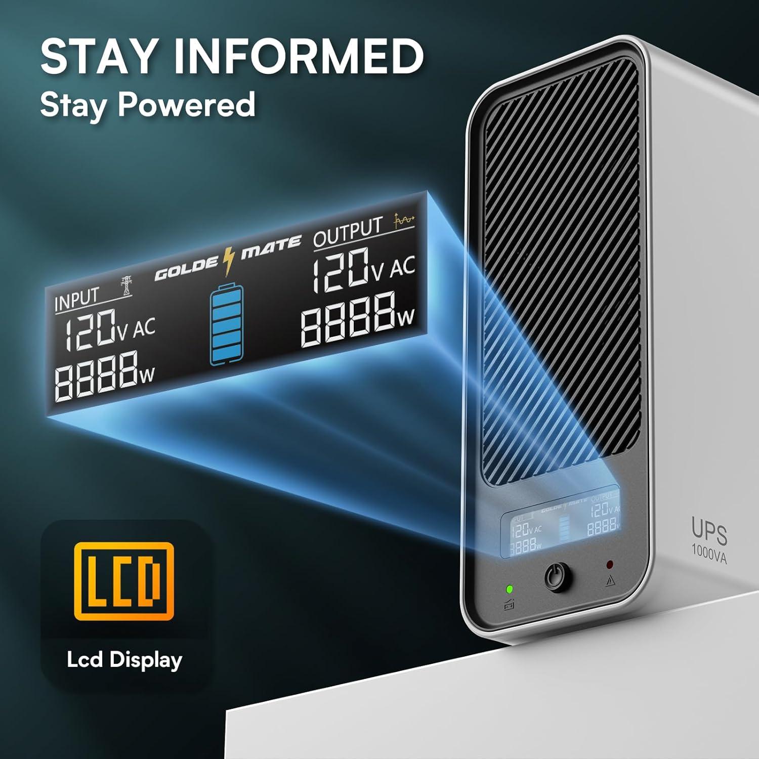 1000VA/800W Lithium UPS Battery Backup and Surge Protector, Backup Battery Power Supply with LiFePO4 Batteries(230.4 Wh), Sinewave UPS System, 10 Years Lifespan, 8 Outlets, LCD Display