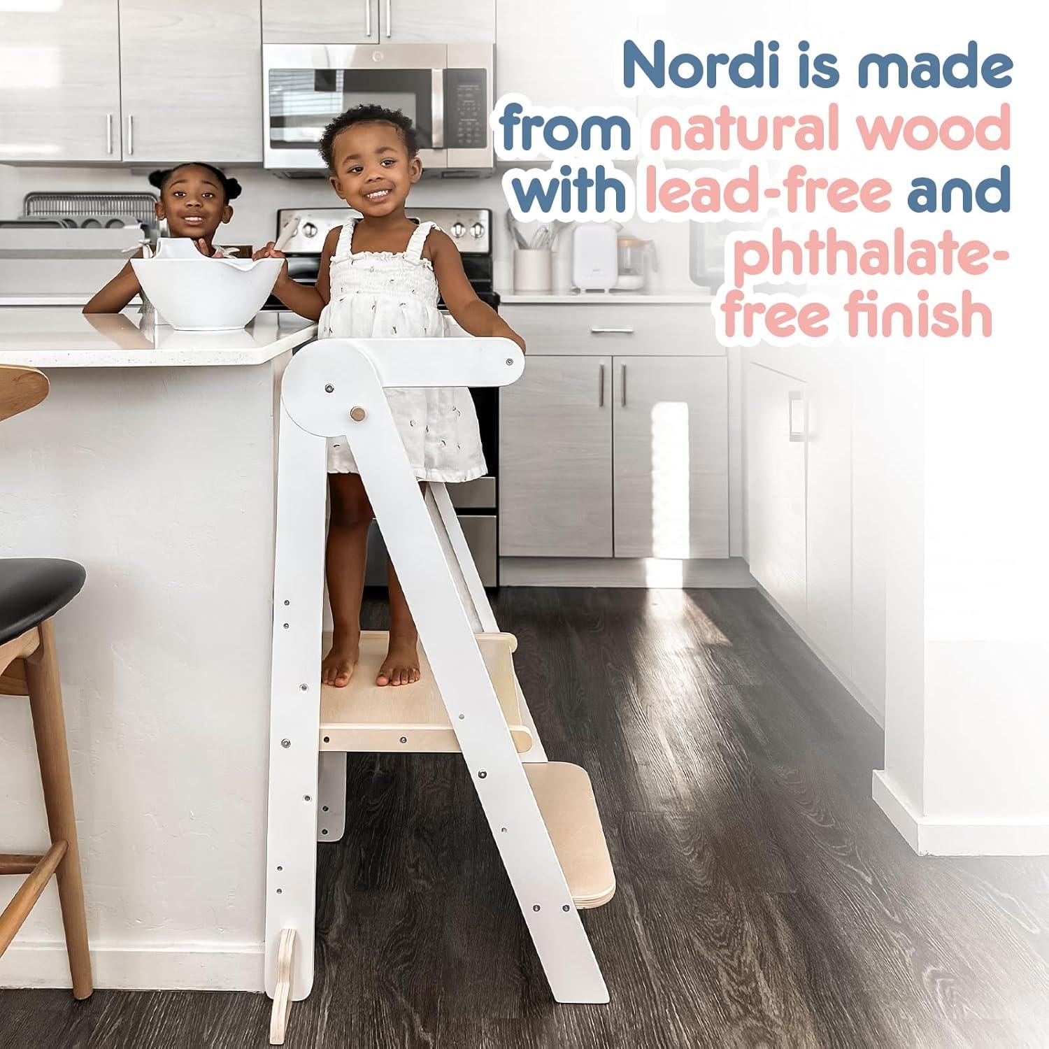 Nordi Foldable Toddler Kitchen Tower, Montessori Kitchen Stools Helper, Standing Tower with 3 Adjustable Heights, Suitable Age for 2-6 Years, White
