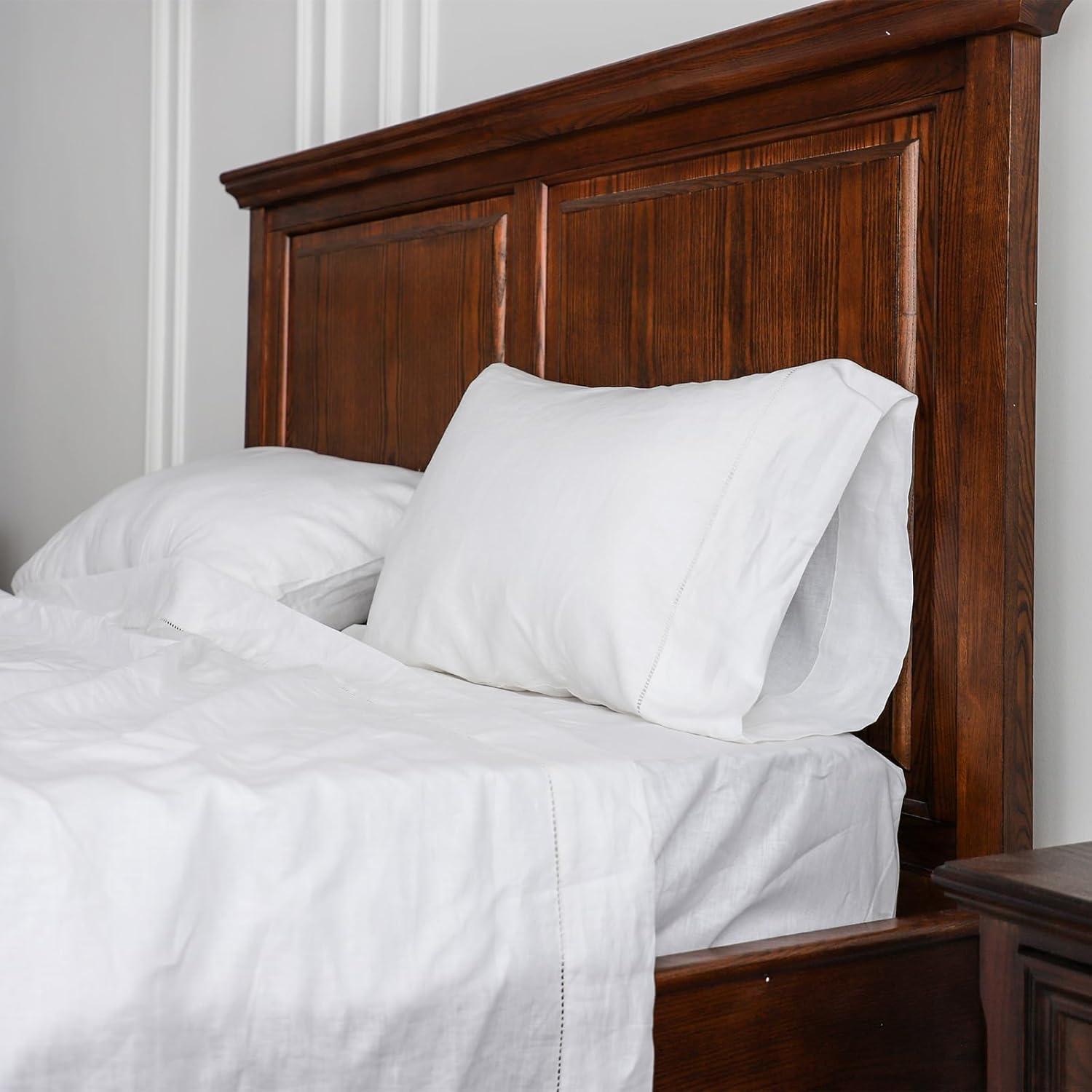 Simple&Opulence Belgian Linen Sheet Set Solid Color - 4 Pieces (1 Flat Sheet, 1 Fitted Sheet & 2 Pillowcases) Natural Flax Cotton Blend Soft Breathable Farmhouse Bedding - Full Size, White