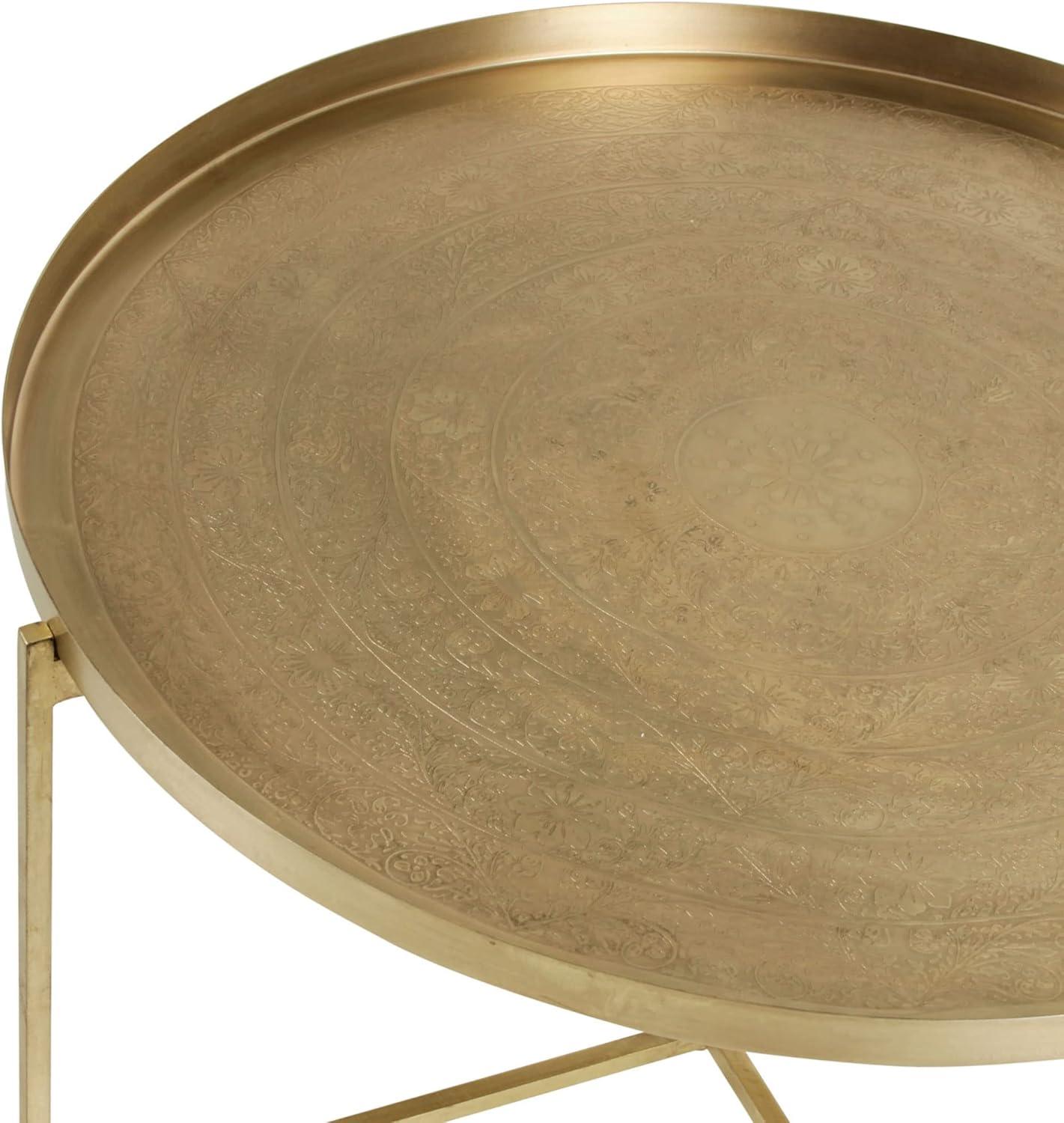 Eros Large Round Tray Top Collapsible Brass Coffee Table with Etched Flower Design by East at Main 29"Dia x 16"H