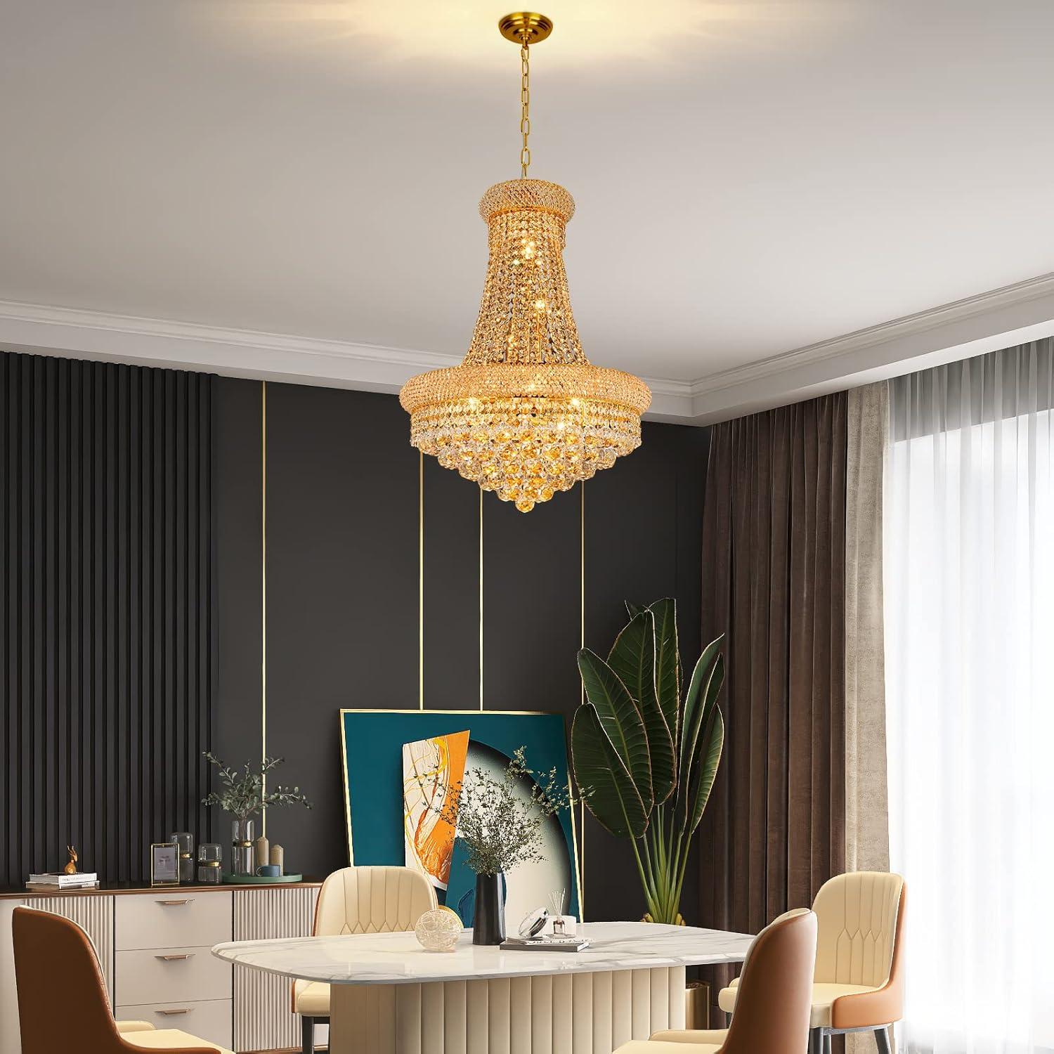 12 Lights Gold Finish Empire Crystal Chandelier Lighting for Dining Room Living Room Foyer Hallway Bedroom Entryway (Dia 22'')