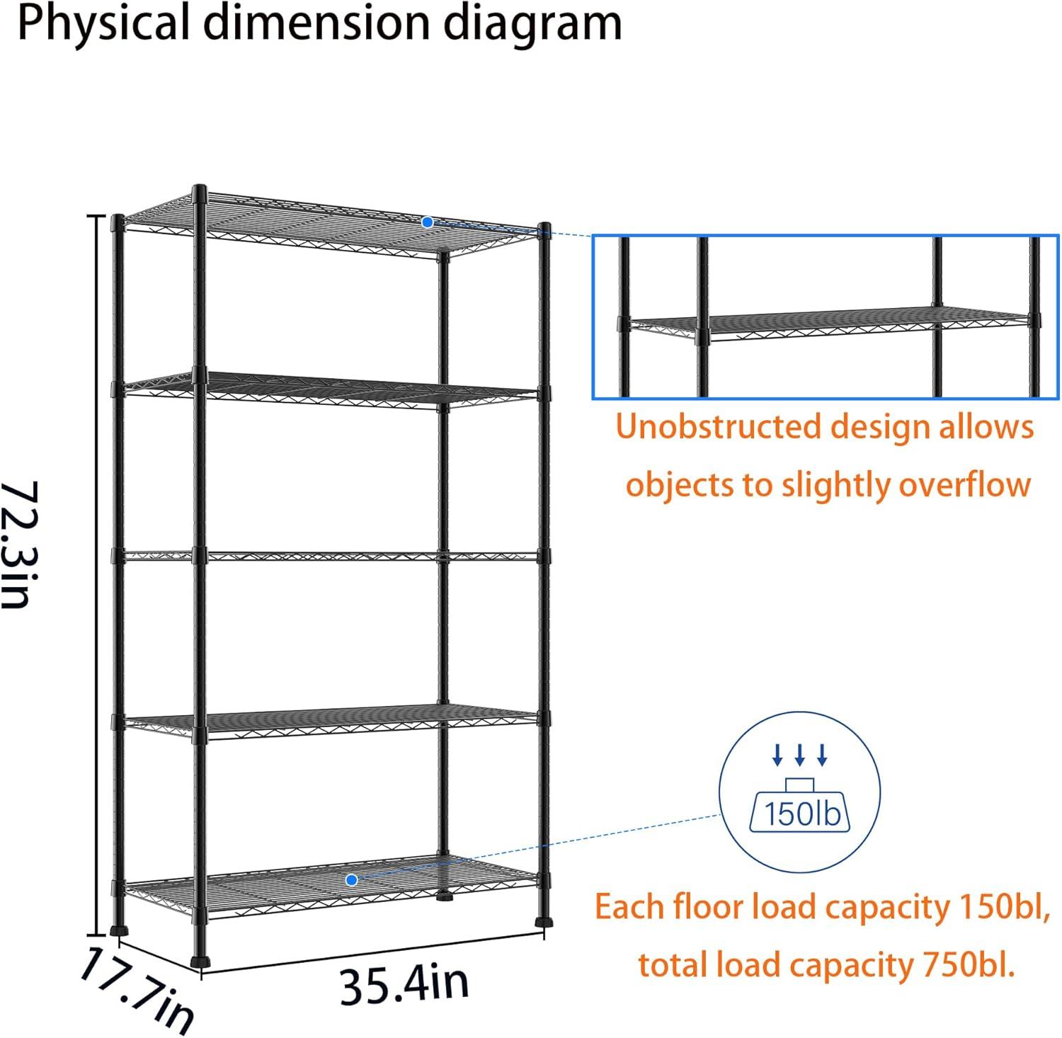 Honey-Can-Do 5-Shelf Steel Adjustable Storage Shelves, Black, Holds up to 350 lb per Shelf