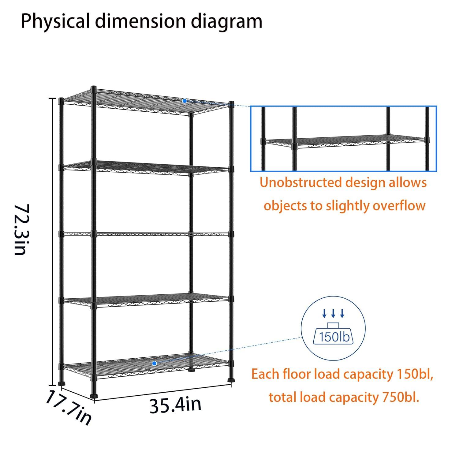Honey-Can-Do 5-Shelf Steel Adjustable Storage Shelves, Black, Holds up to 350 lb per Shelf