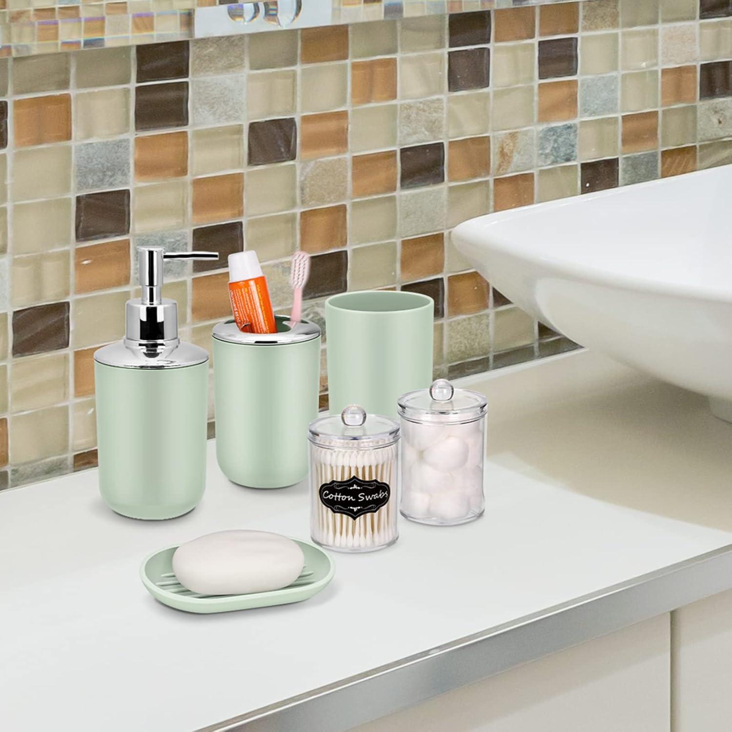 Green Plastic 9-Piece Bathroom Accessories Set with Labels