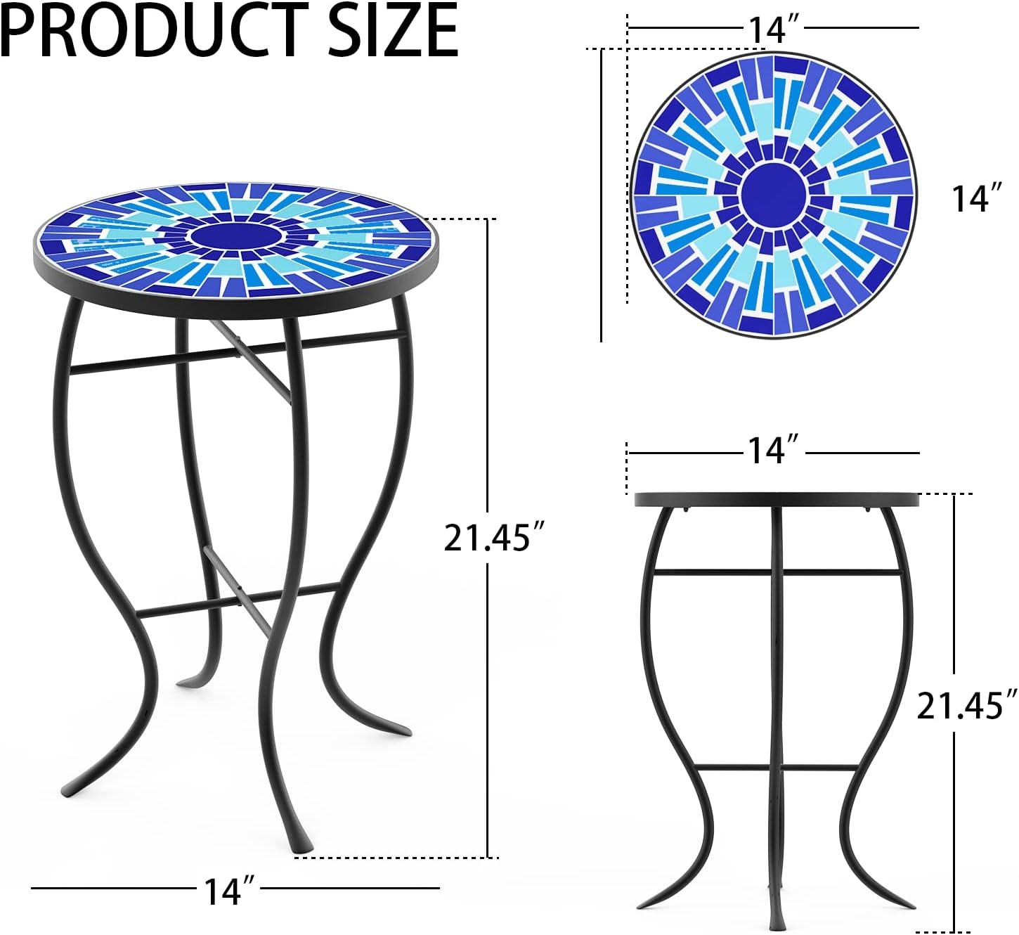 Outdoor Patio Side Table Round Ceramic Tile End Table Blue