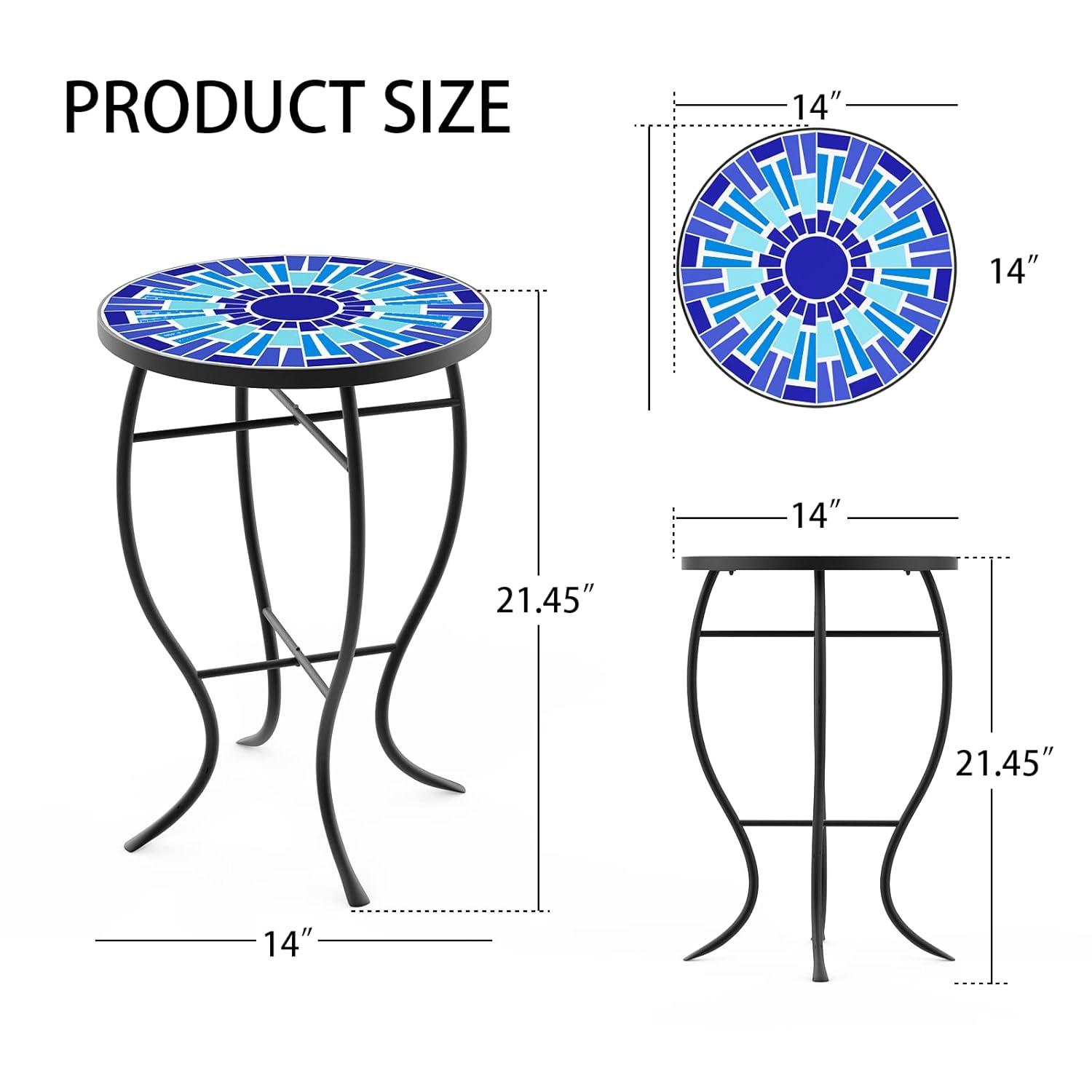 Outdoor Patio Side Table Round Ceramic Tile End Table Blue