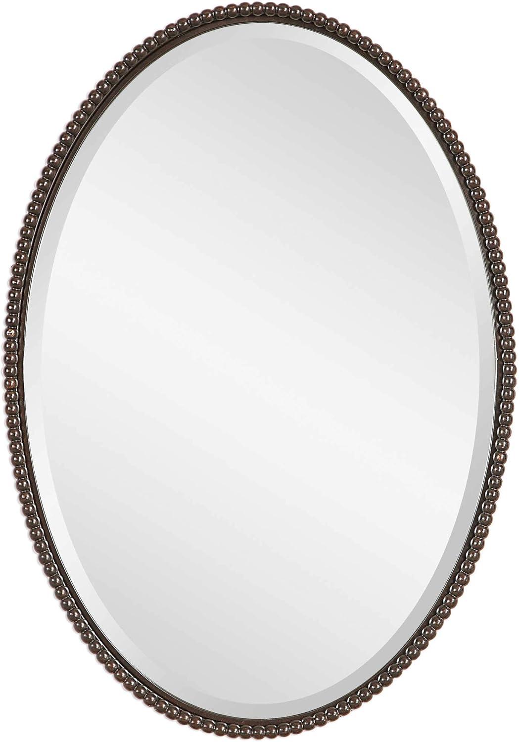 Uttermost Oval Vanity Decorative Wall Mirror Vintage Brown Beveled Oil Rubbed Bronze Beaded Frame 22" Wide for Bathroom Bedroom