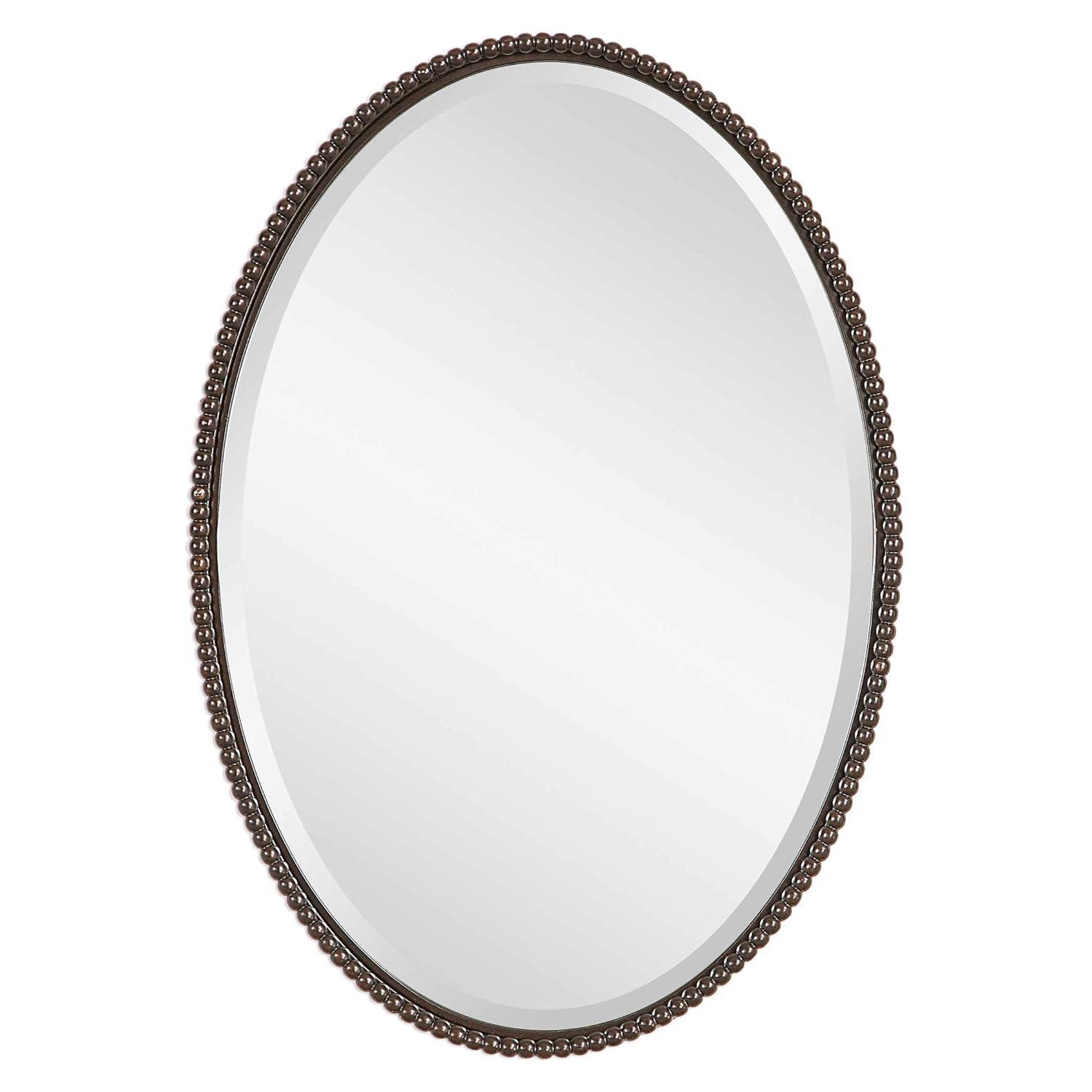 Uttermost Oval Vanity Decorative Wall Mirror Vintage Brown Beveled Oil Rubbed Bronze Beaded Frame 22" Wide for Bathroom Bedroom